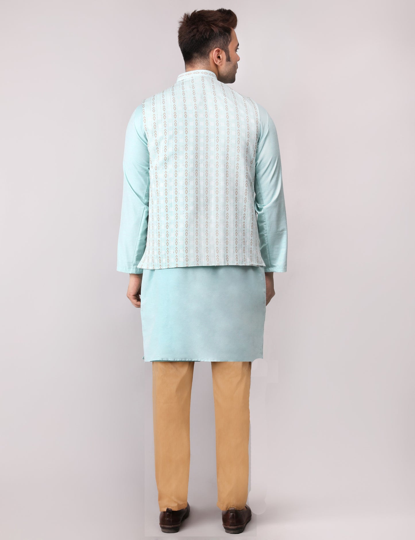 Men's Silk Blend Kurta Pajama with Designer Bundi Nehru Jacket/Waistcoat Light Green