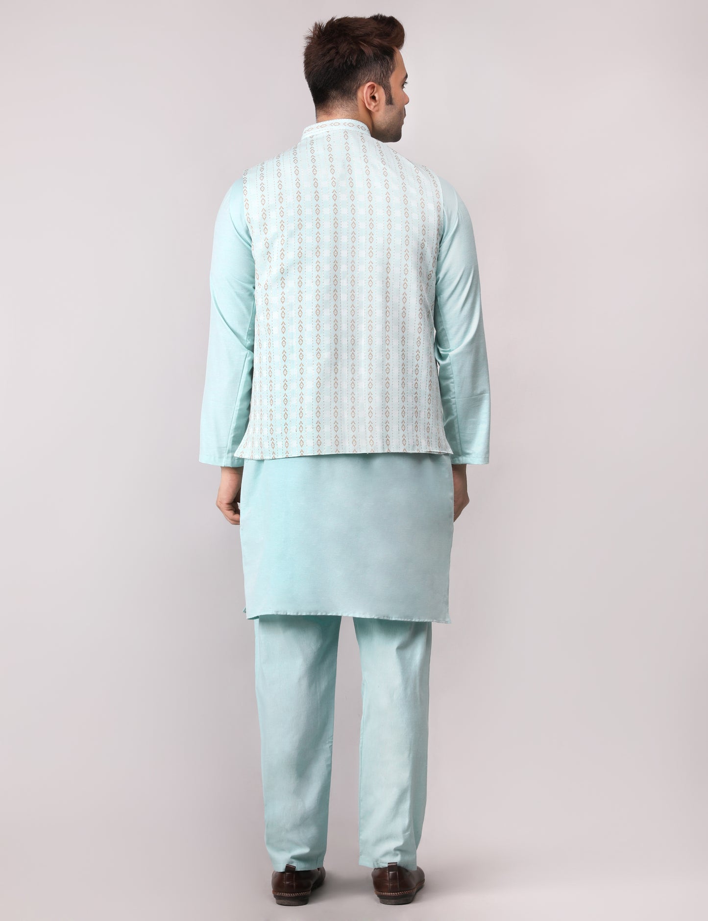 Men's Silk Blend Kurta Pajama with Designer Bundi Nehru Jacket/Waistcoat Light Green