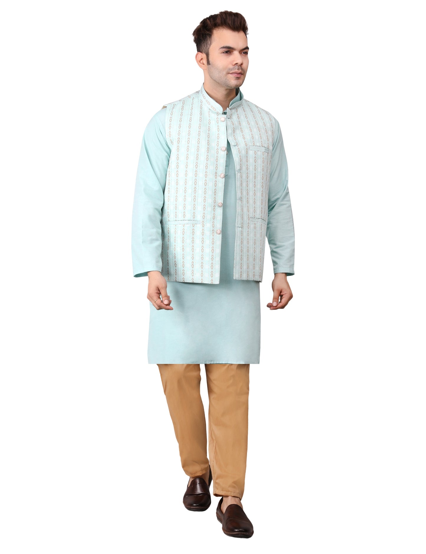 Men's Silk Blend Kurta Pajama with Designer Bundi Nehru Jacket/Waistcoat Light Green