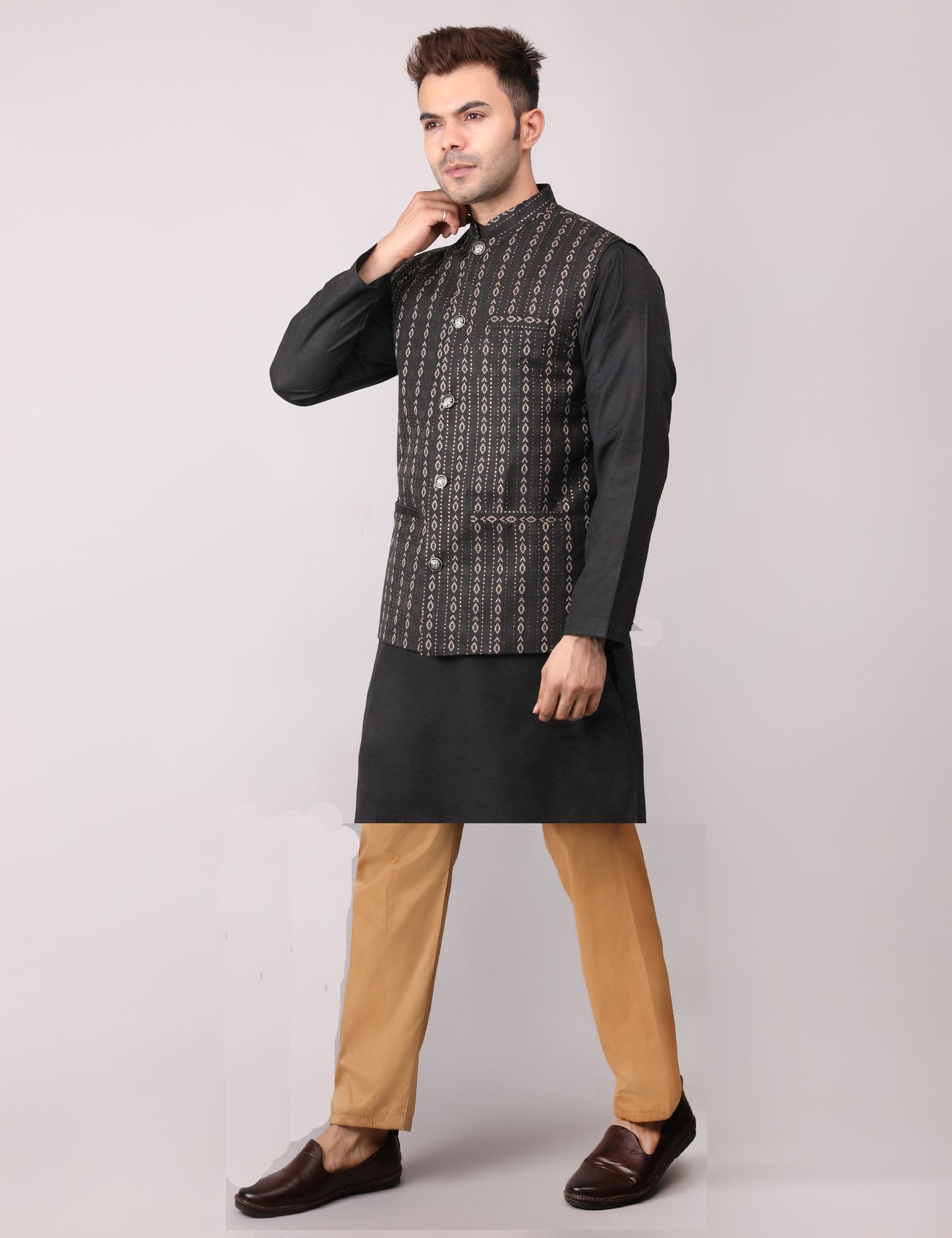 Men's Silk Blend Kurta Pajama with Designer Bundi Nehru Jacket/Waistcoat Black