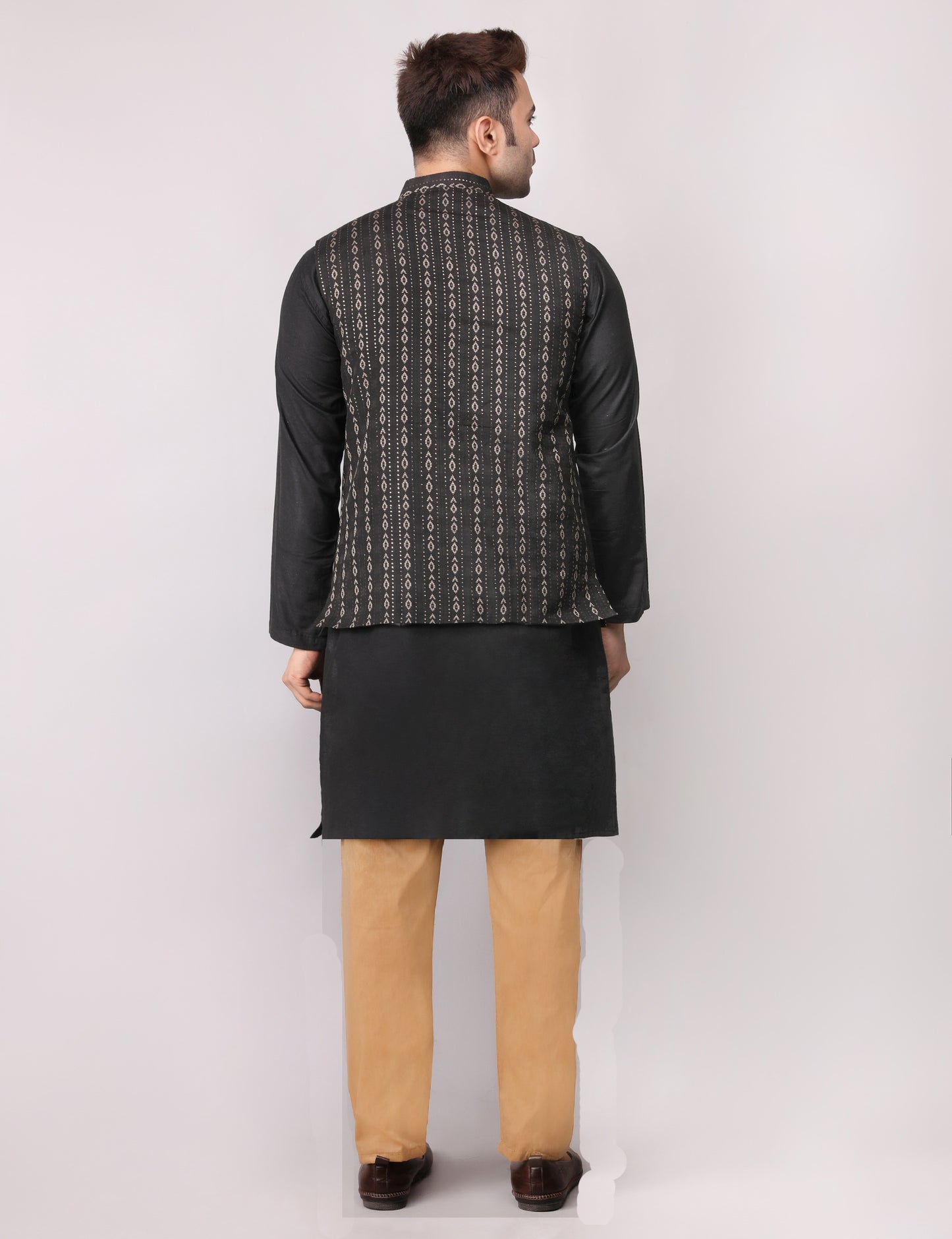 Men's Silk Blend Kurta Pajama with Designer Bundi Nehru Jacket/Waistcoat Black