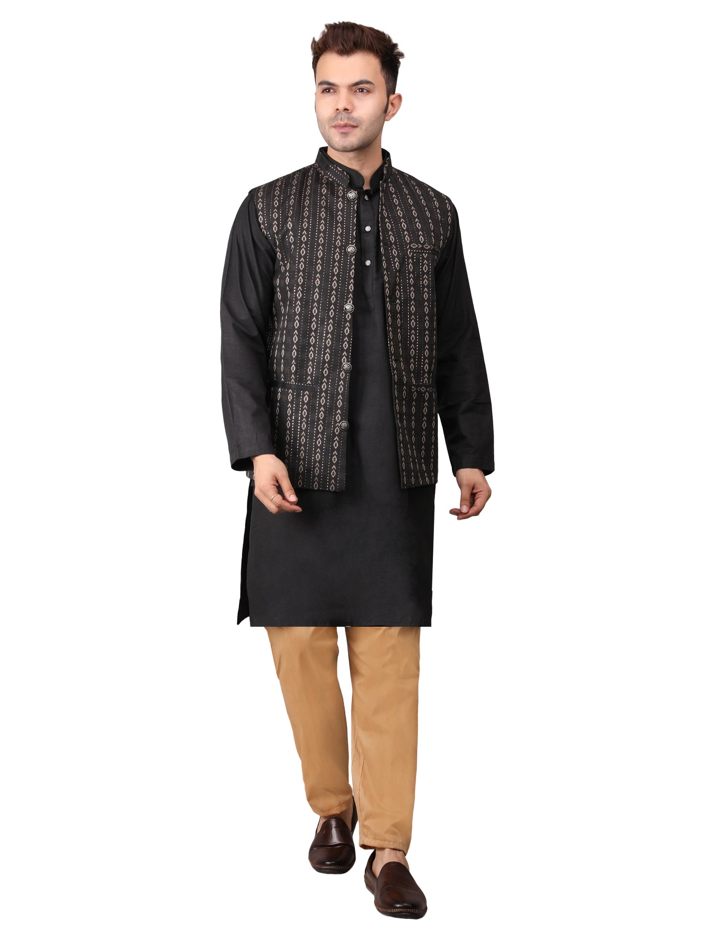 Men's Silk Blend Kurta Pajama with Designer Bundi Nehru Jacket/Waistcoat Black