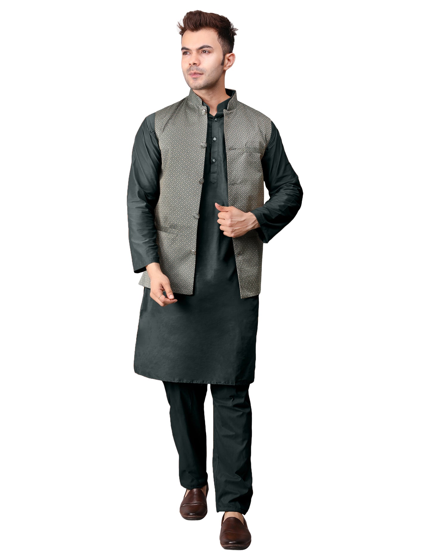 Men's Silk Blend Kurta Pajama with Designer Bundi Nehru Jacket/Waistcoat Royal Green
