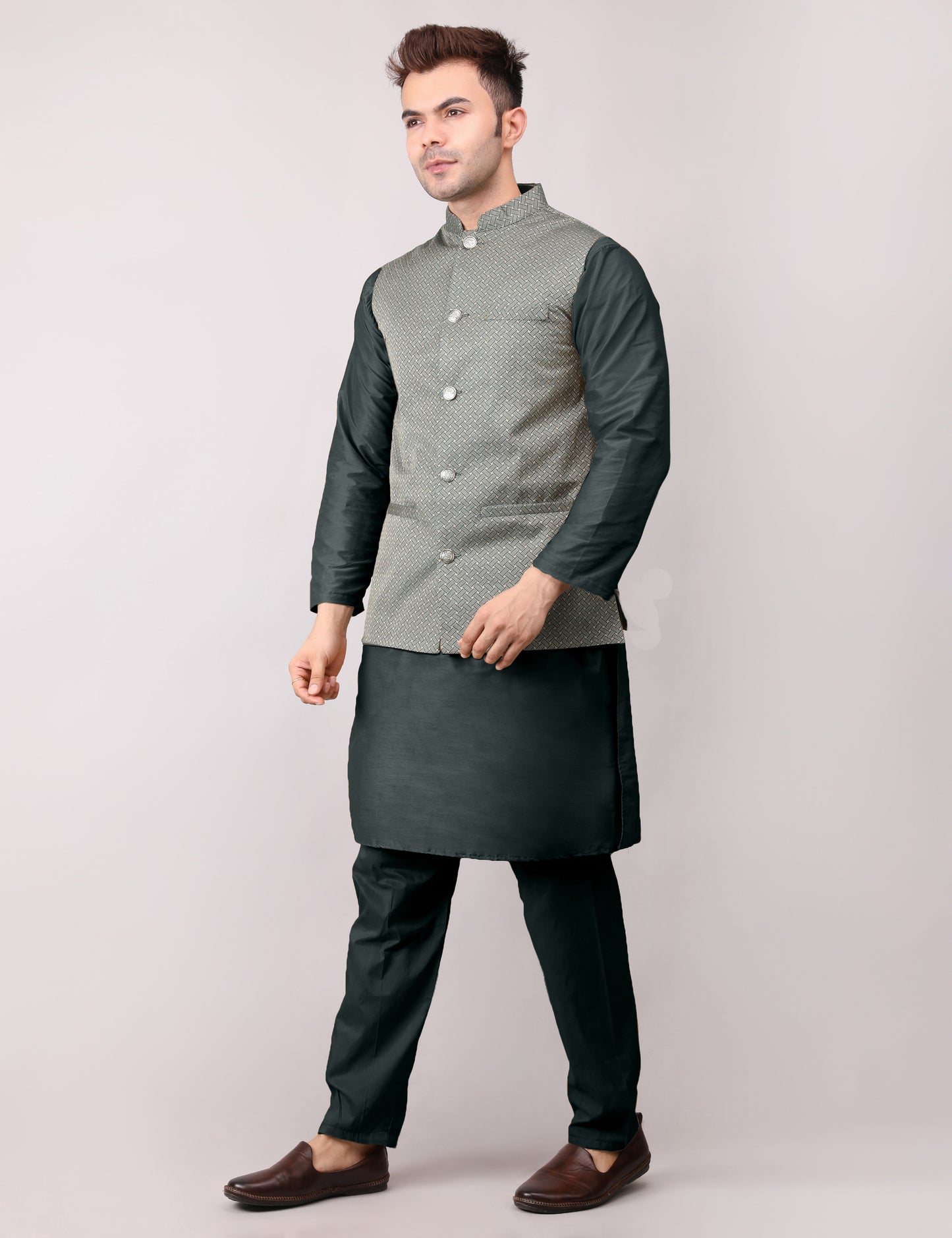 Men's Silk Blend Kurta Pajama with Designer Bundi Nehru Jacket/Waistcoat Royal Green