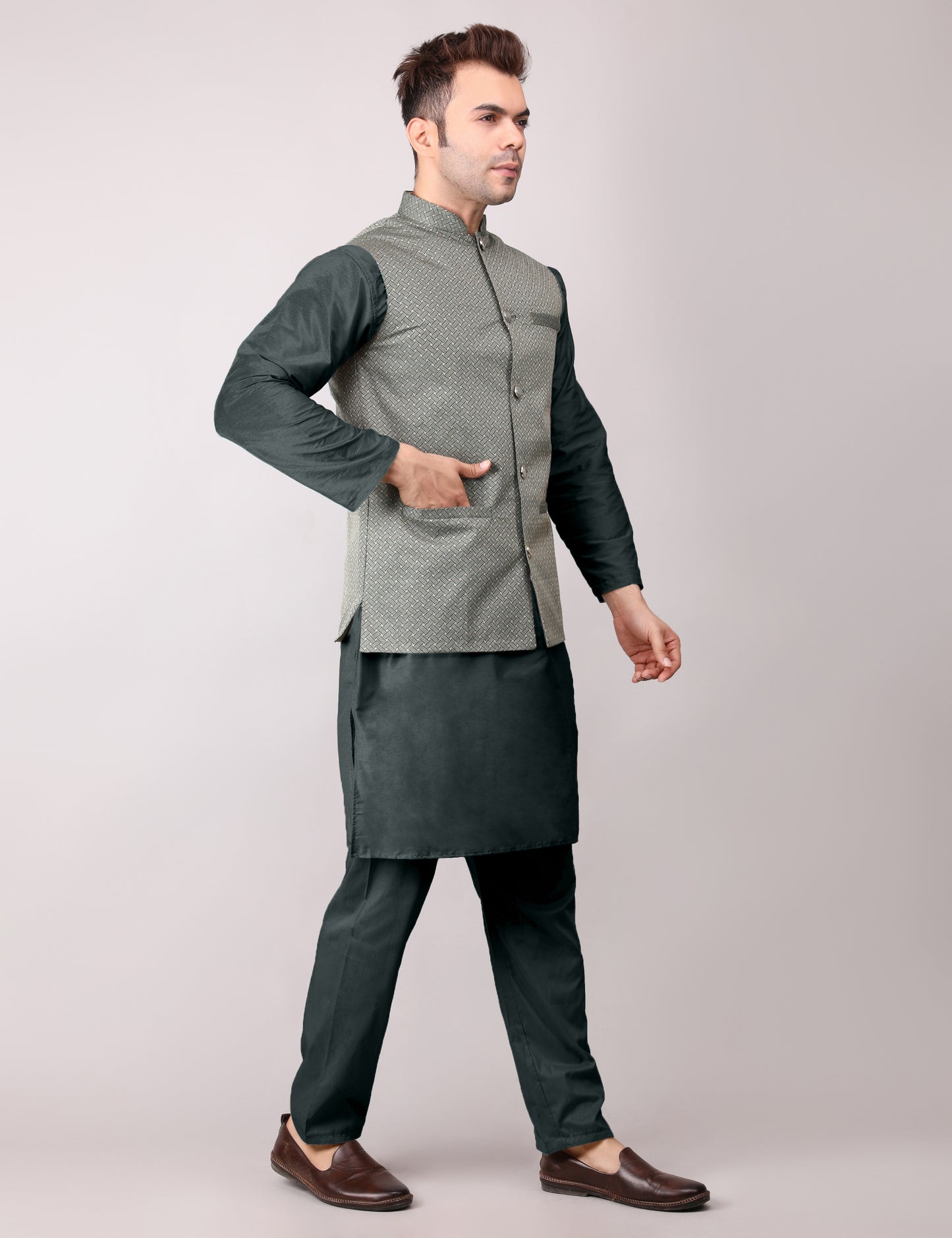 Men's Silk Blend Kurta Pajama with Designer Bundi Nehru Jacket/Waistcoat Royal Green
