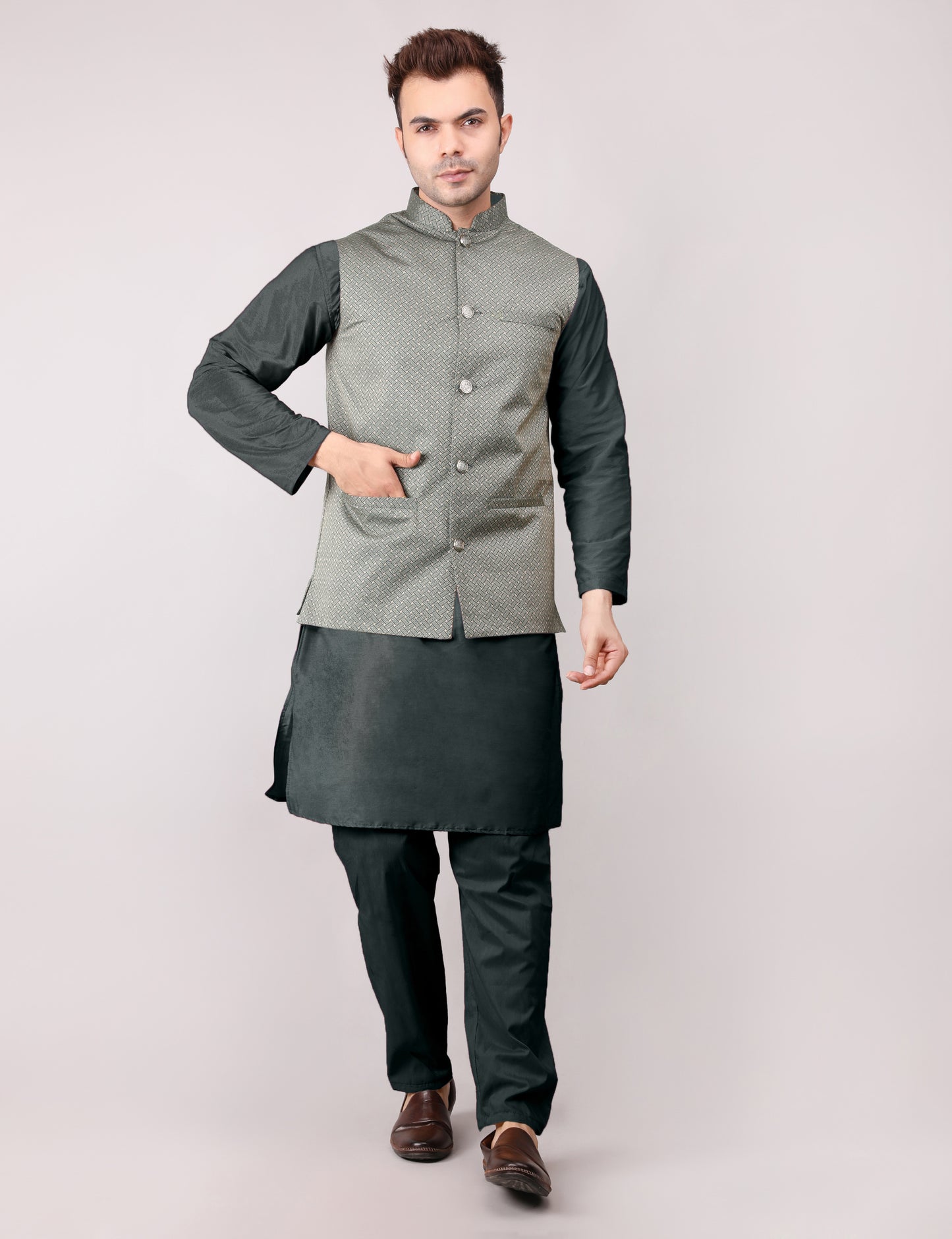 Men's Silk Blend Kurta Pajama with Designer Bundi Nehru Jacket/Waistcoat Royal Green