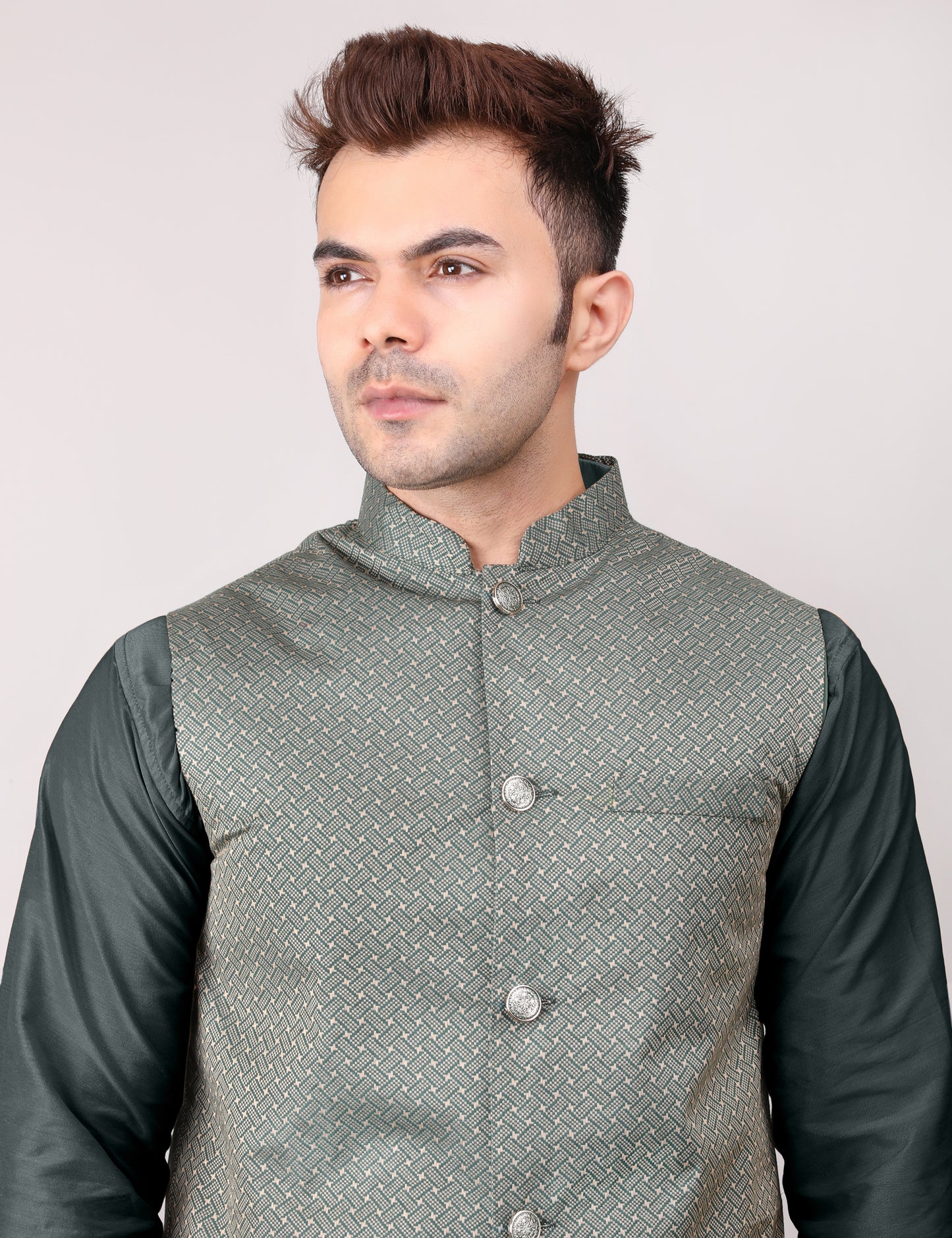 Men's Silk Blend Kurta Pajama with Designer Bundi Nehru Jacket/Waistcoat Royal Green