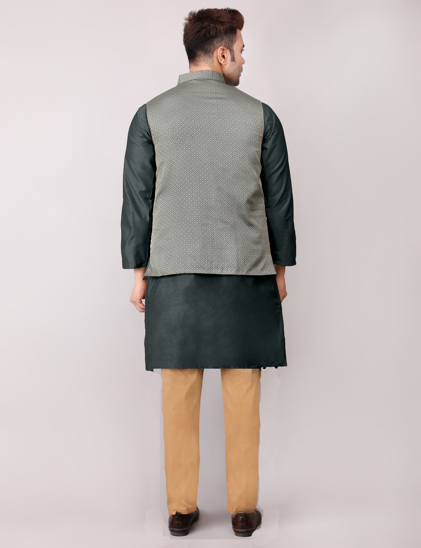 Men's Silk Blend Kurta Pajama with Designer Bundi Nehru Jacket/Waistcoat Royal Green