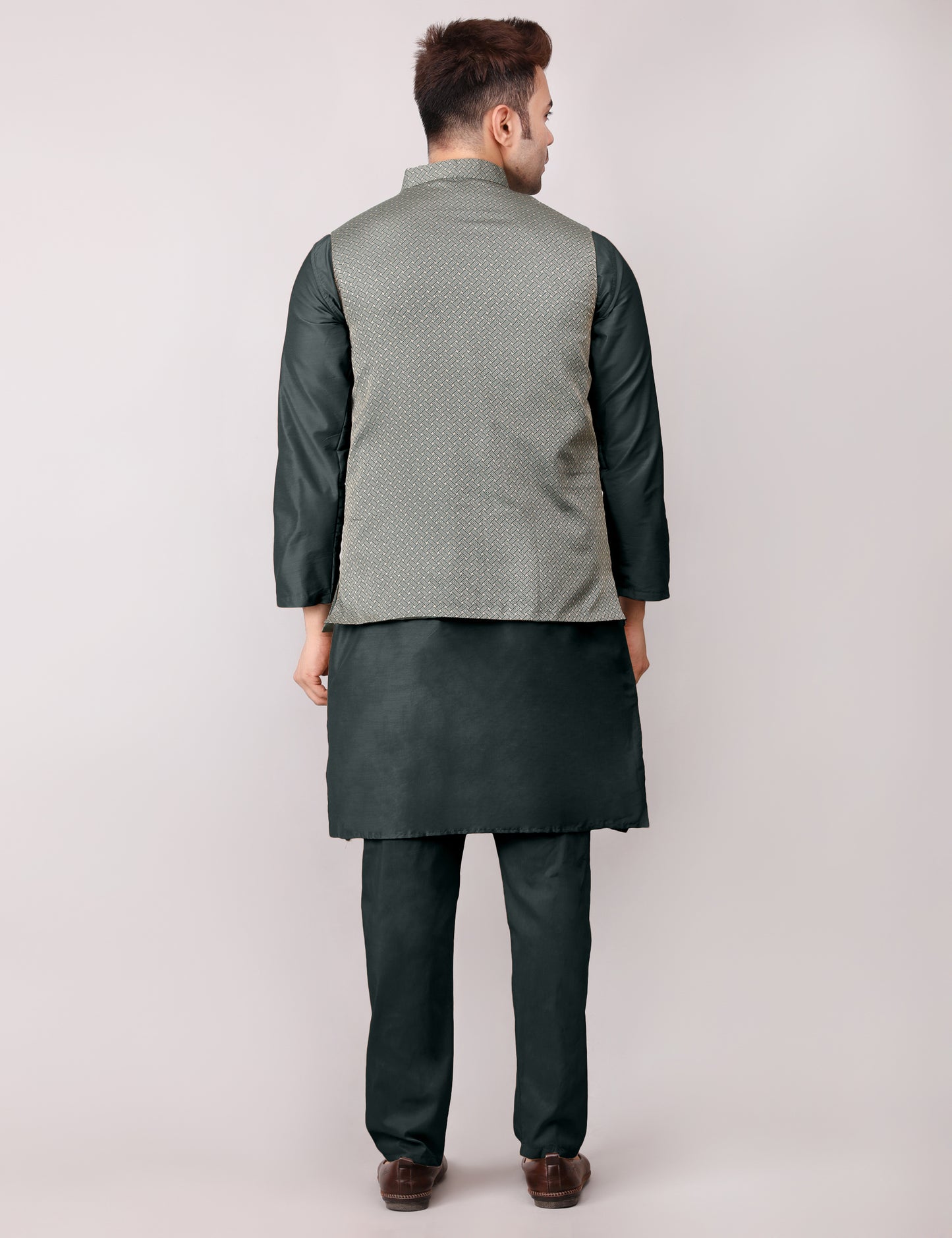 Men's Silk Blend Kurta Pajama with Designer Bundi Nehru Jacket/Waistcoat Royal Green