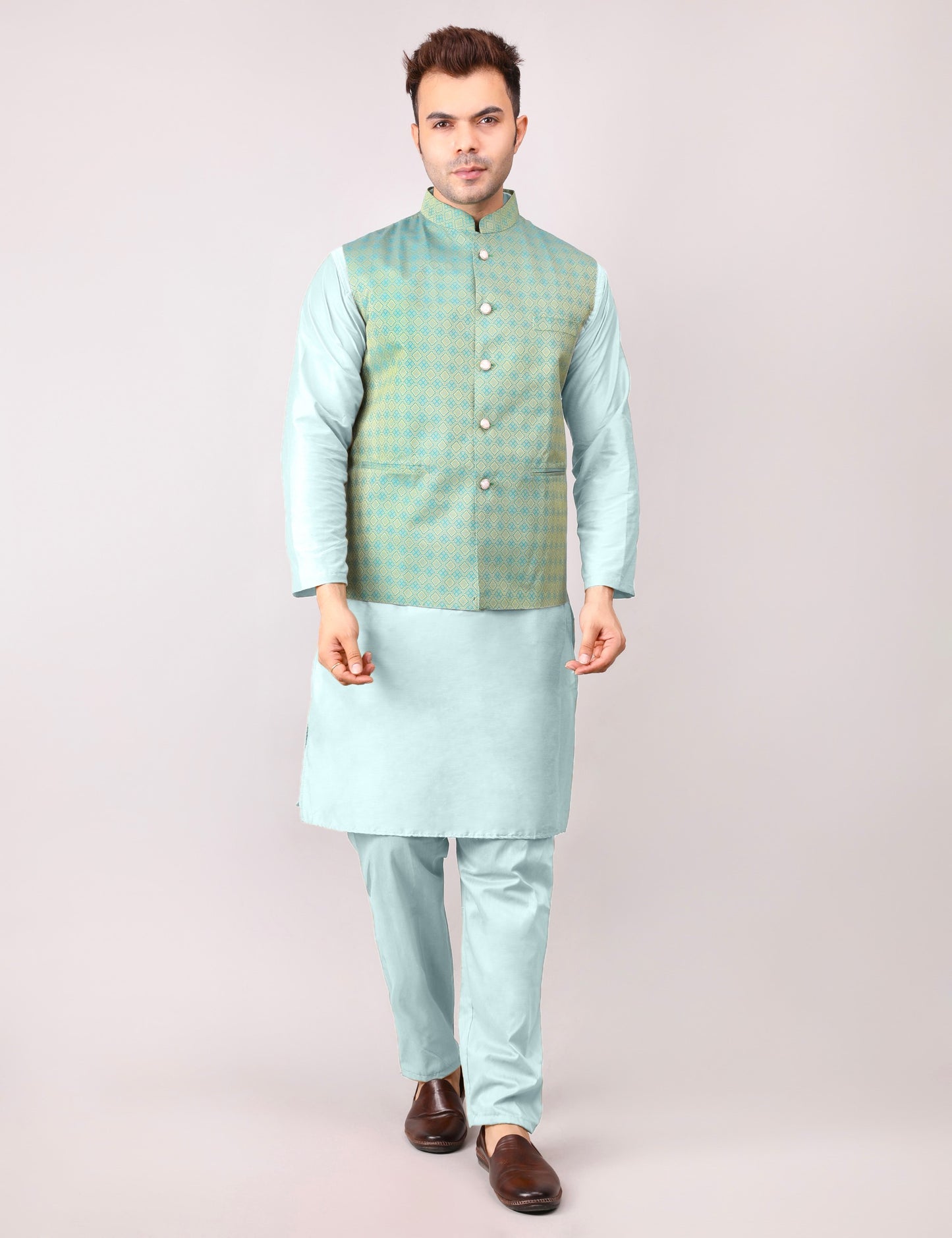 Men's Silk Blend Kurta Pajama with Designer Bundi Nehru Jacket/Waistcoat Green