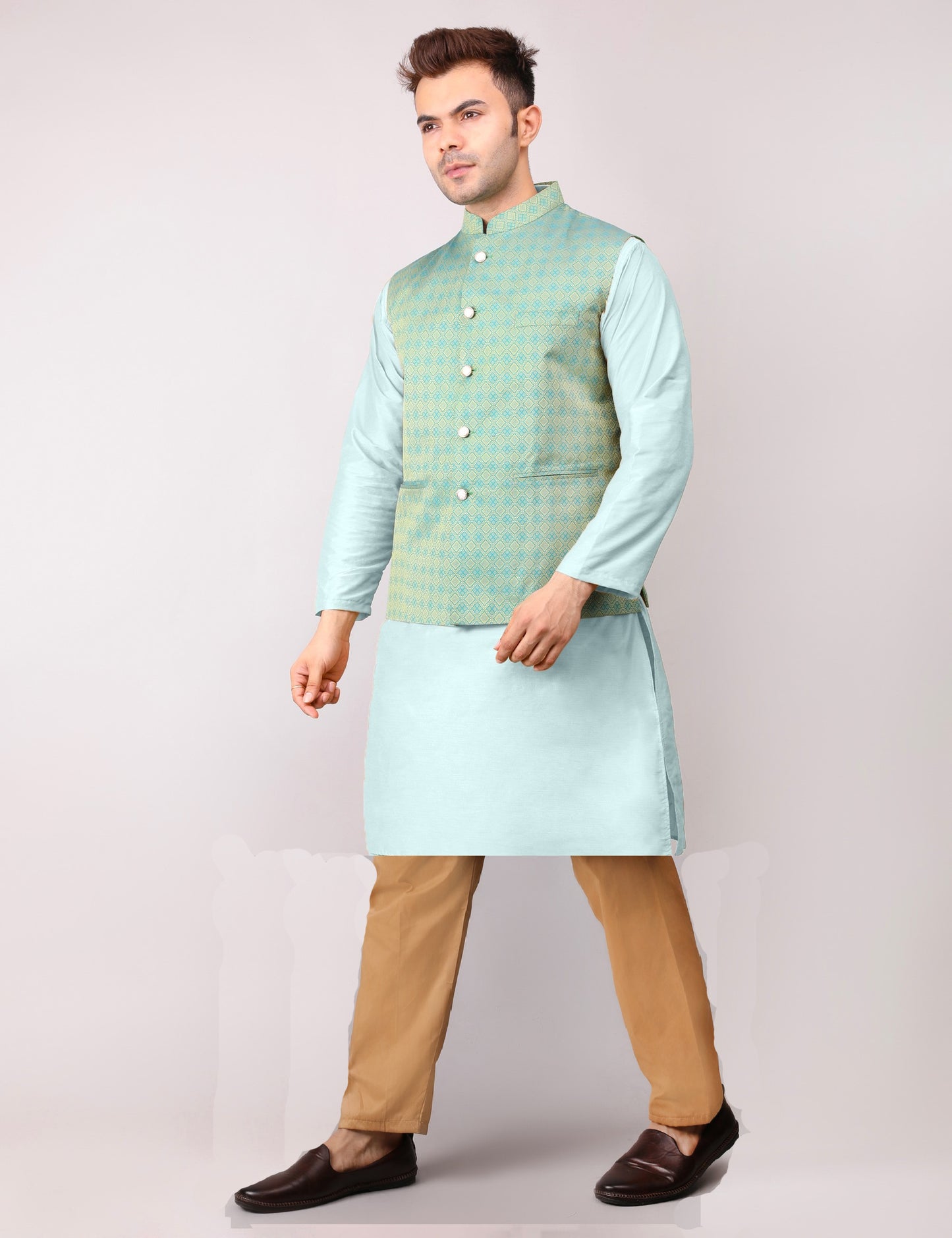 Men's Silk Blend Kurta Pajama with Designer Bundi Nehru Jacket/Waistcoat Green