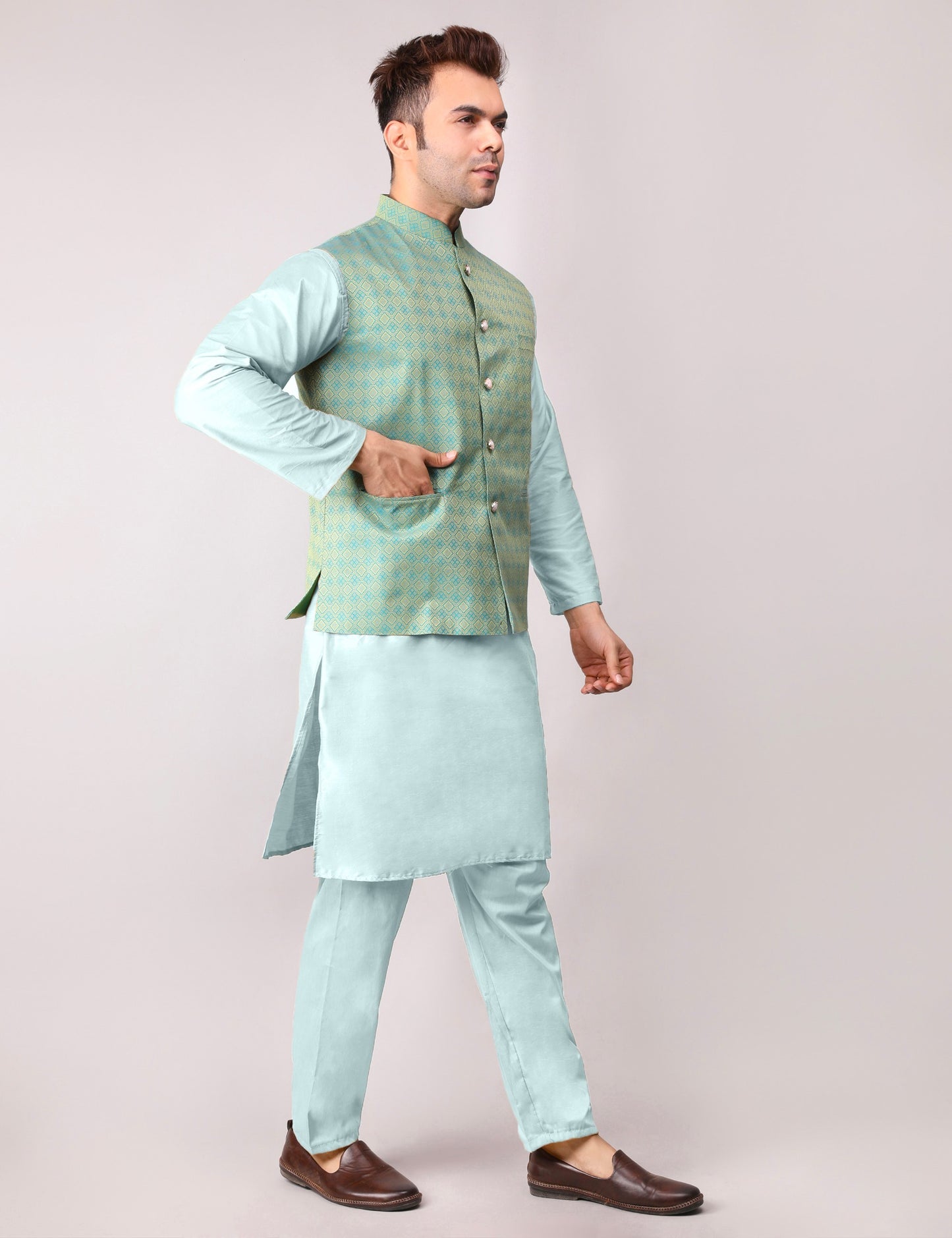 Men's Silk Blend Kurta Pajama with Designer Bundi Nehru Jacket/Waistcoat Green
