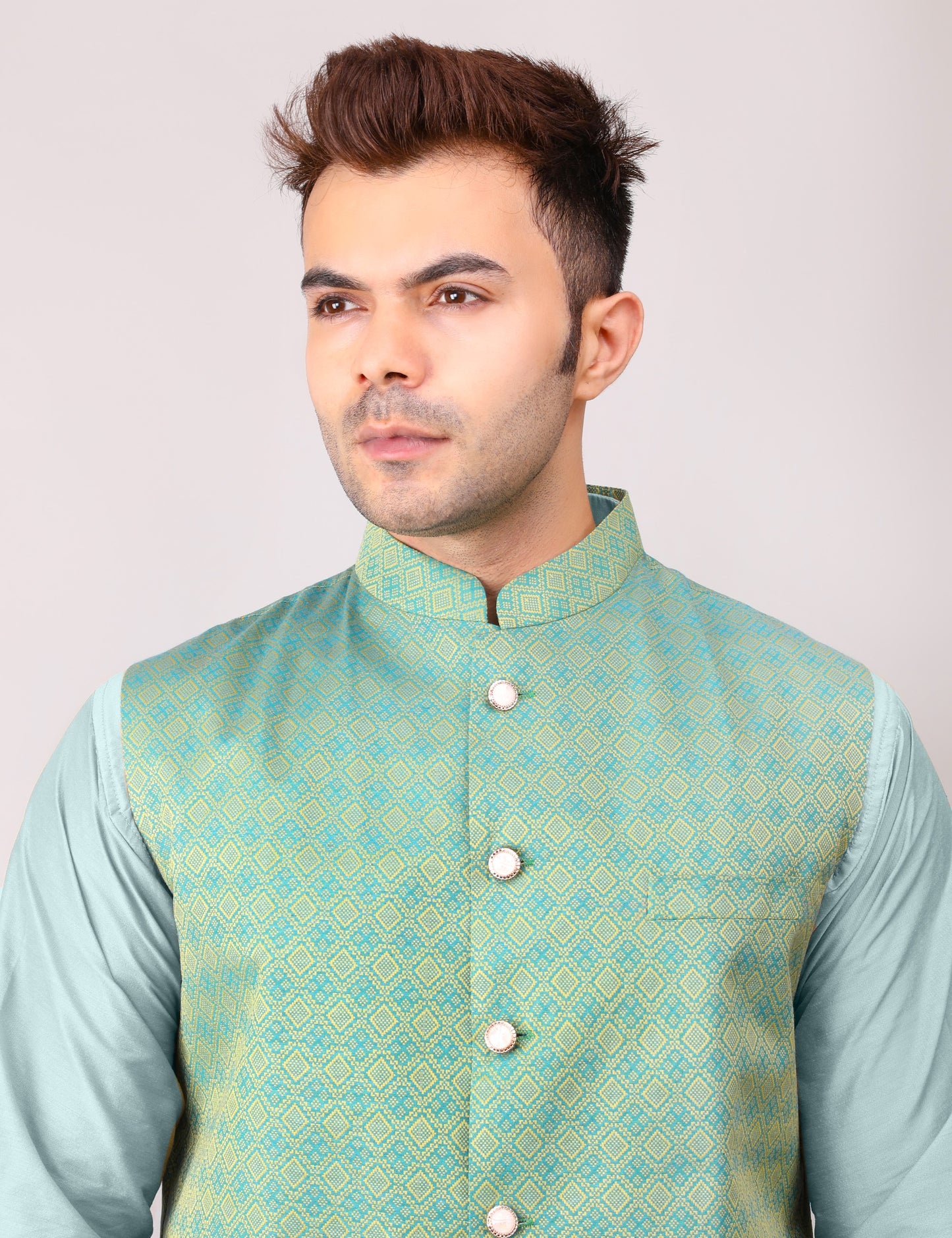 Men's Silk Blend Kurta Pajama with Designer Bundi Nehru Jacket/Waistcoat Green