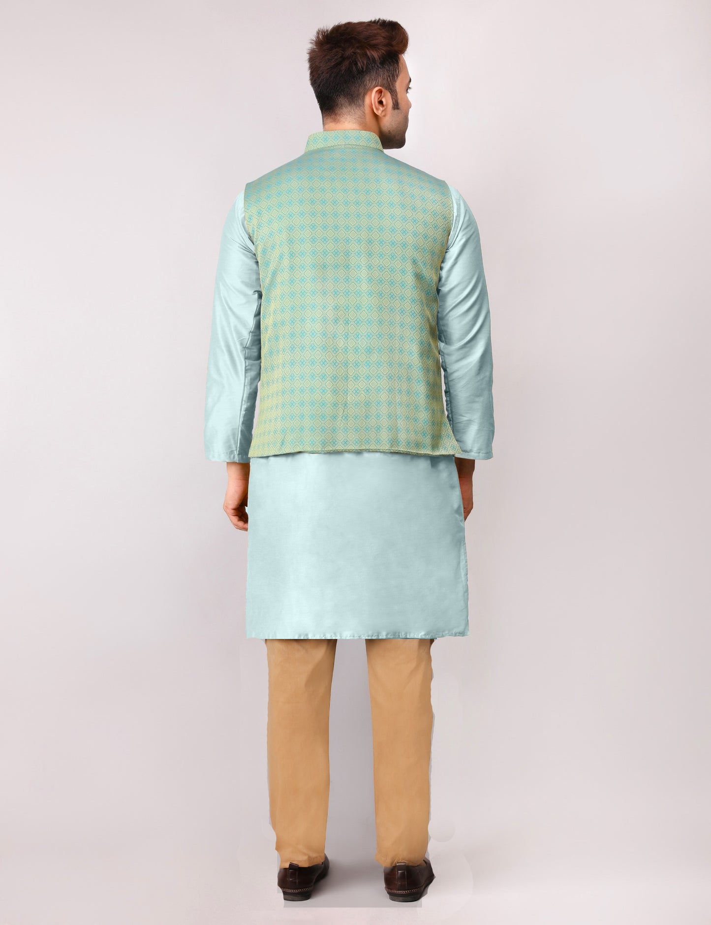Men's Silk Blend Kurta Pajama with Designer Bundi Nehru Jacket/Waistcoat Green