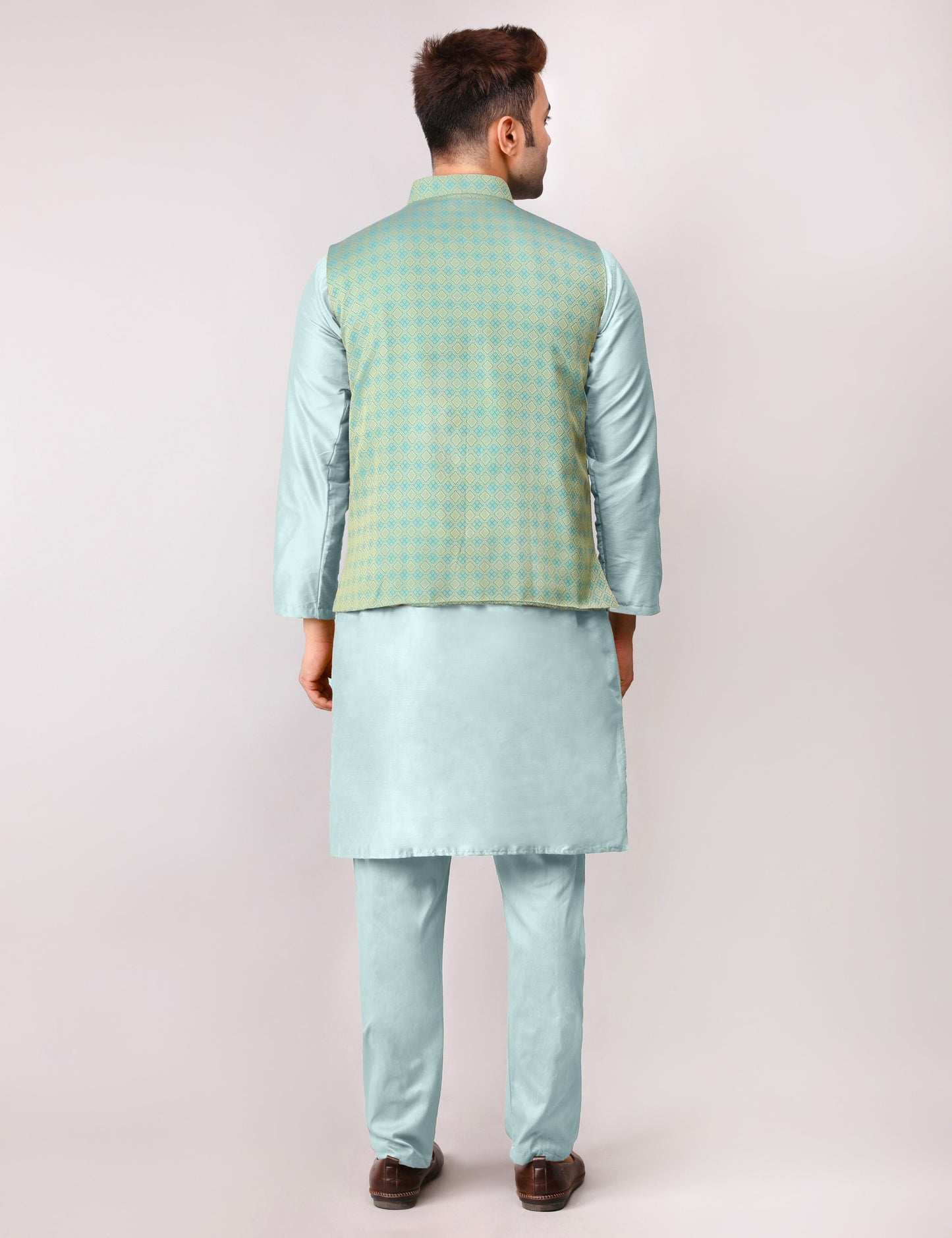 Men's Silk Blend Kurta Pajama with Designer Bundi Nehru Jacket/Waistcoat Green