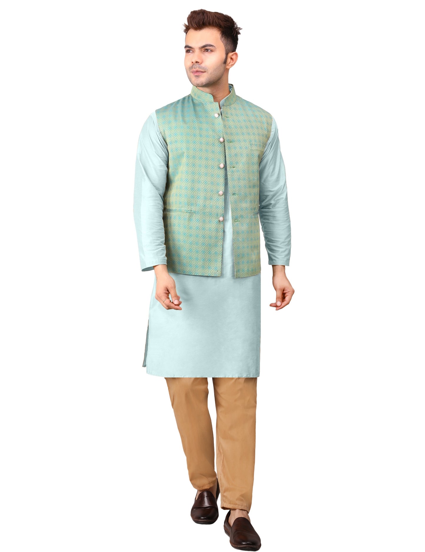 Men's Silk Blend Kurta Pajama with Designer Bundi Nehru Jacket/Waistcoat Green