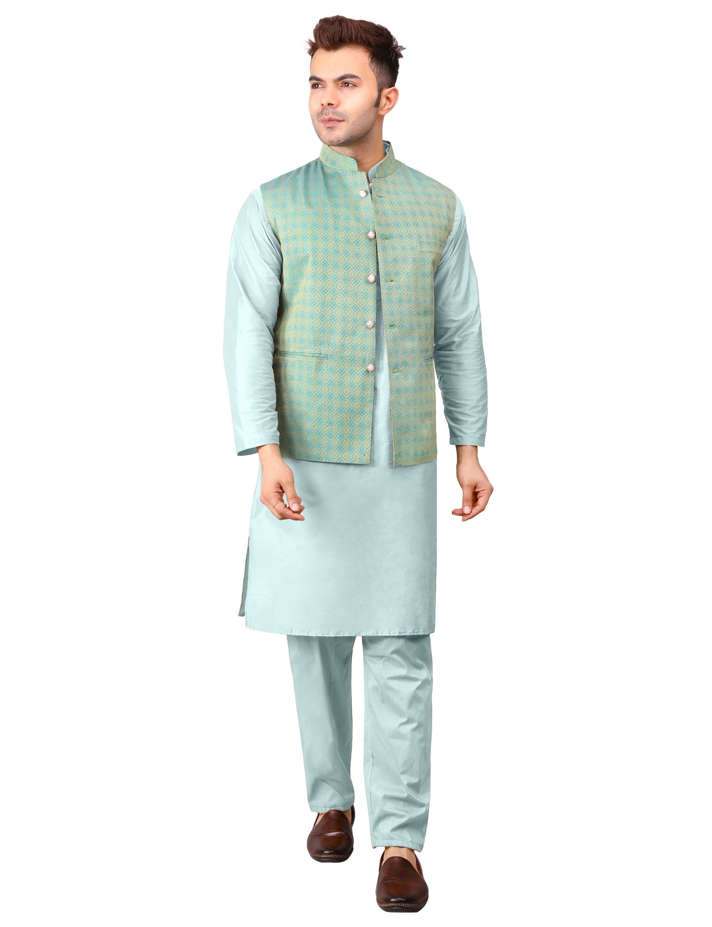 Men's Silk Blend Kurta Pajama with Designer Bundi Nehru Jacket/Waistcoat Green