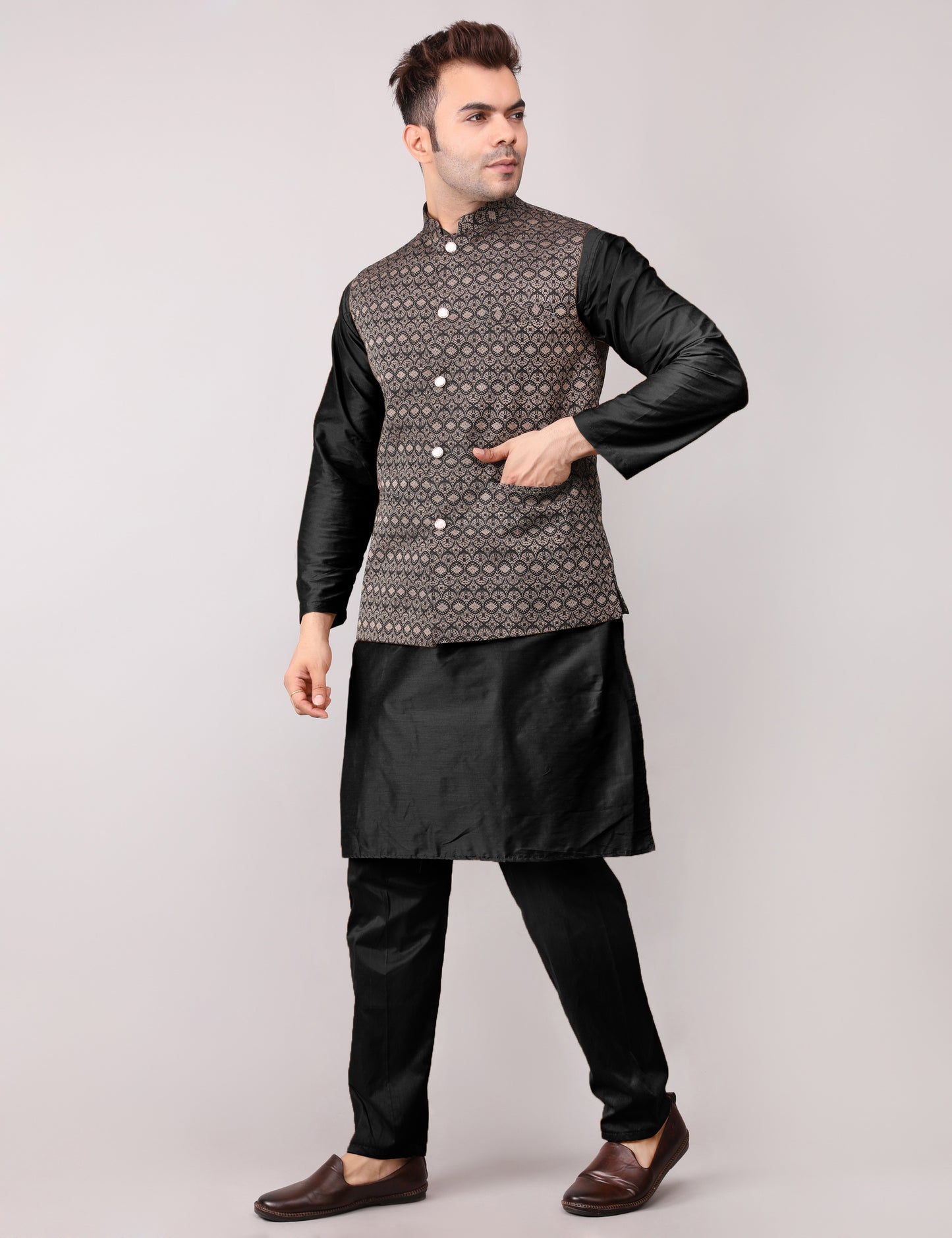 Men's Silk Blend Kurta Pajama with Designer Bundi Nehru Jacket/Waistcoat Black