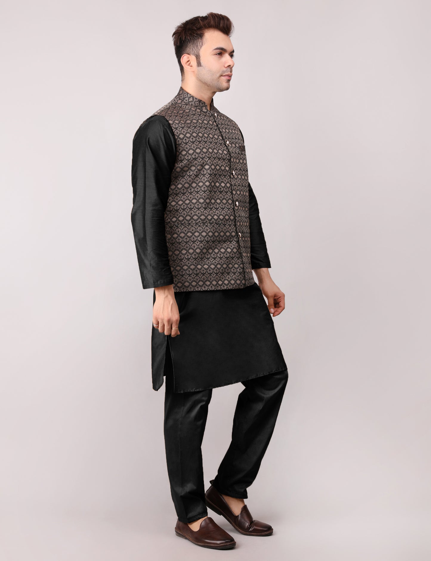 Men's Silk Blend Kurta Pajama with Designer Bundi Nehru Jacket/Waistcoat Black