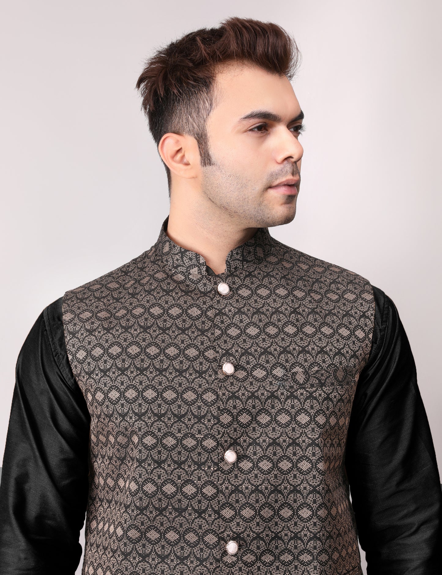 Men's Silk Blend Kurta Pajama with Designer Bundi Nehru Jacket/Waistcoat Black