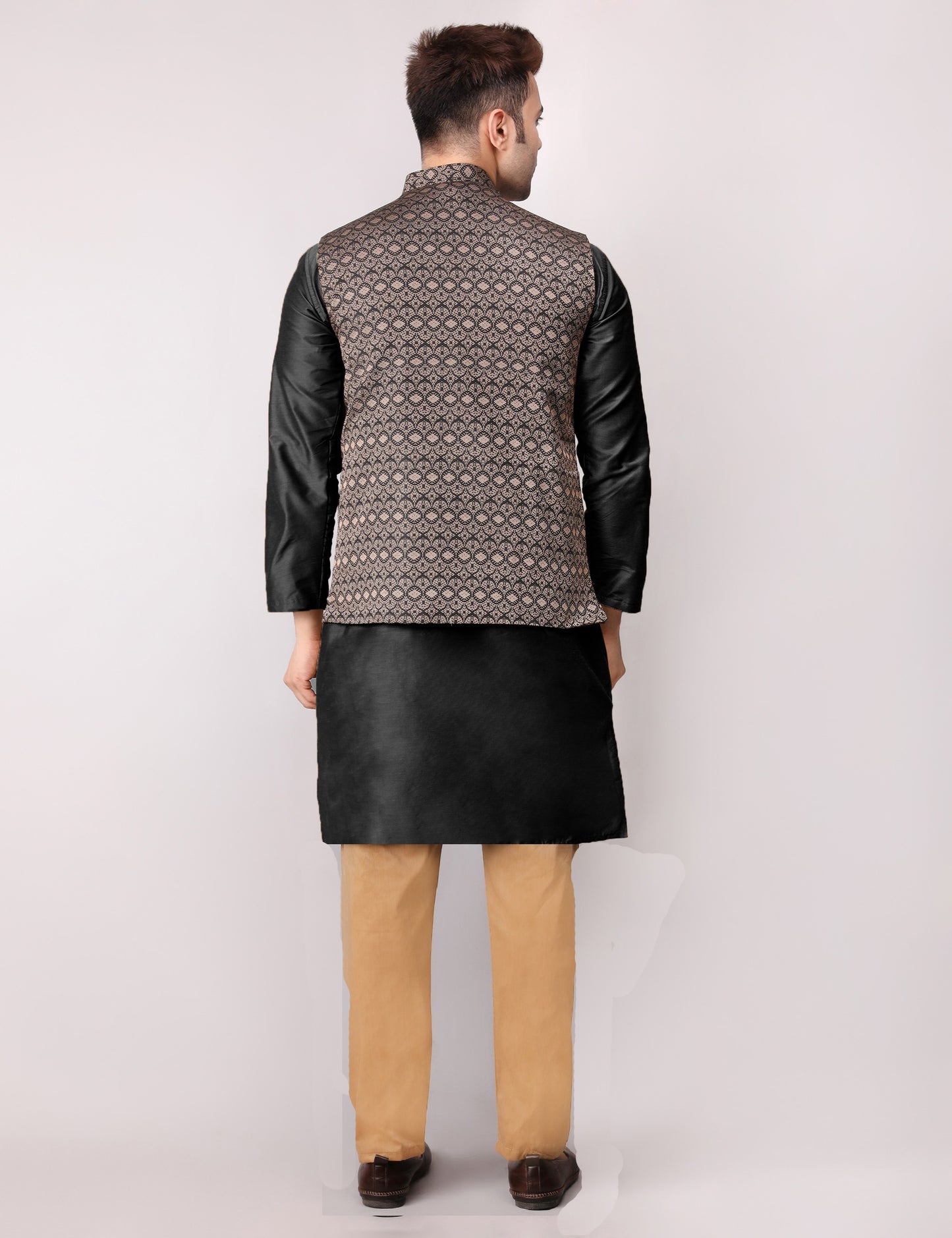 Men's Silk Blend Kurta Pajama with Designer Bundi Nehru Jacket/Waistcoat Black