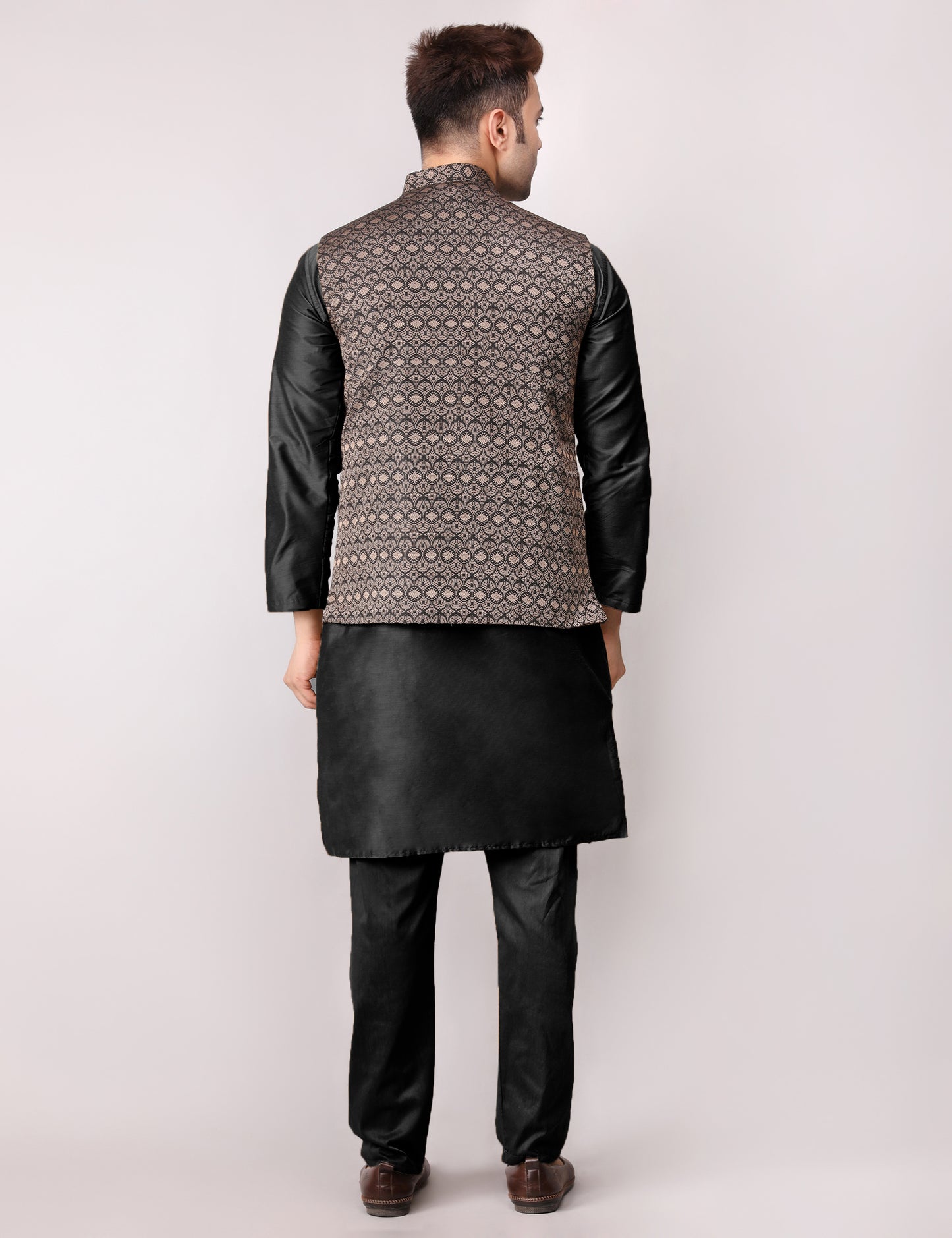 Men's Silk Blend Kurta Pajama with Designer Bundi Nehru Jacket/Waistcoat Black