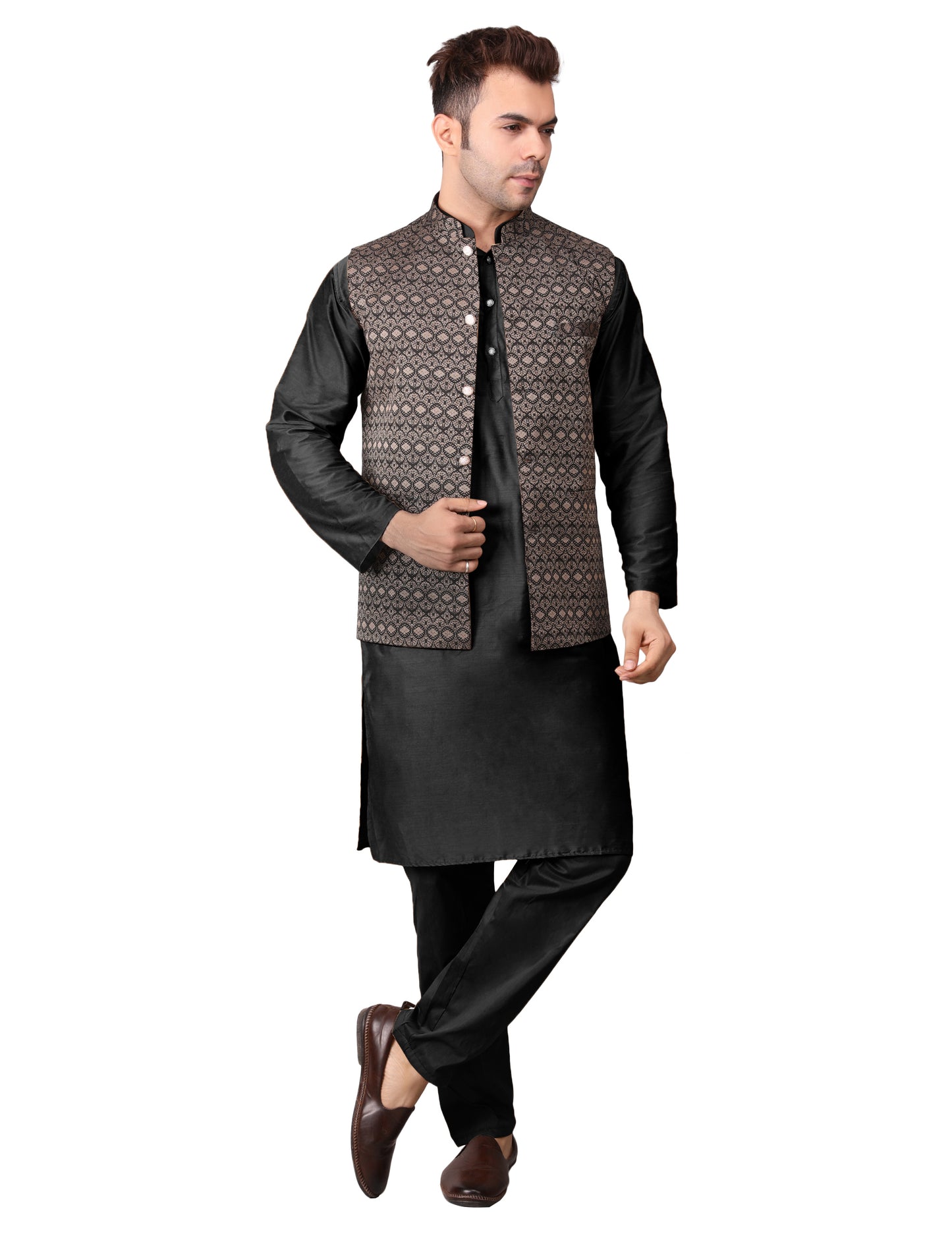 Men's Silk Blend Kurta Pajama with Designer Bundi Nehru Jacket/Waistcoat Black