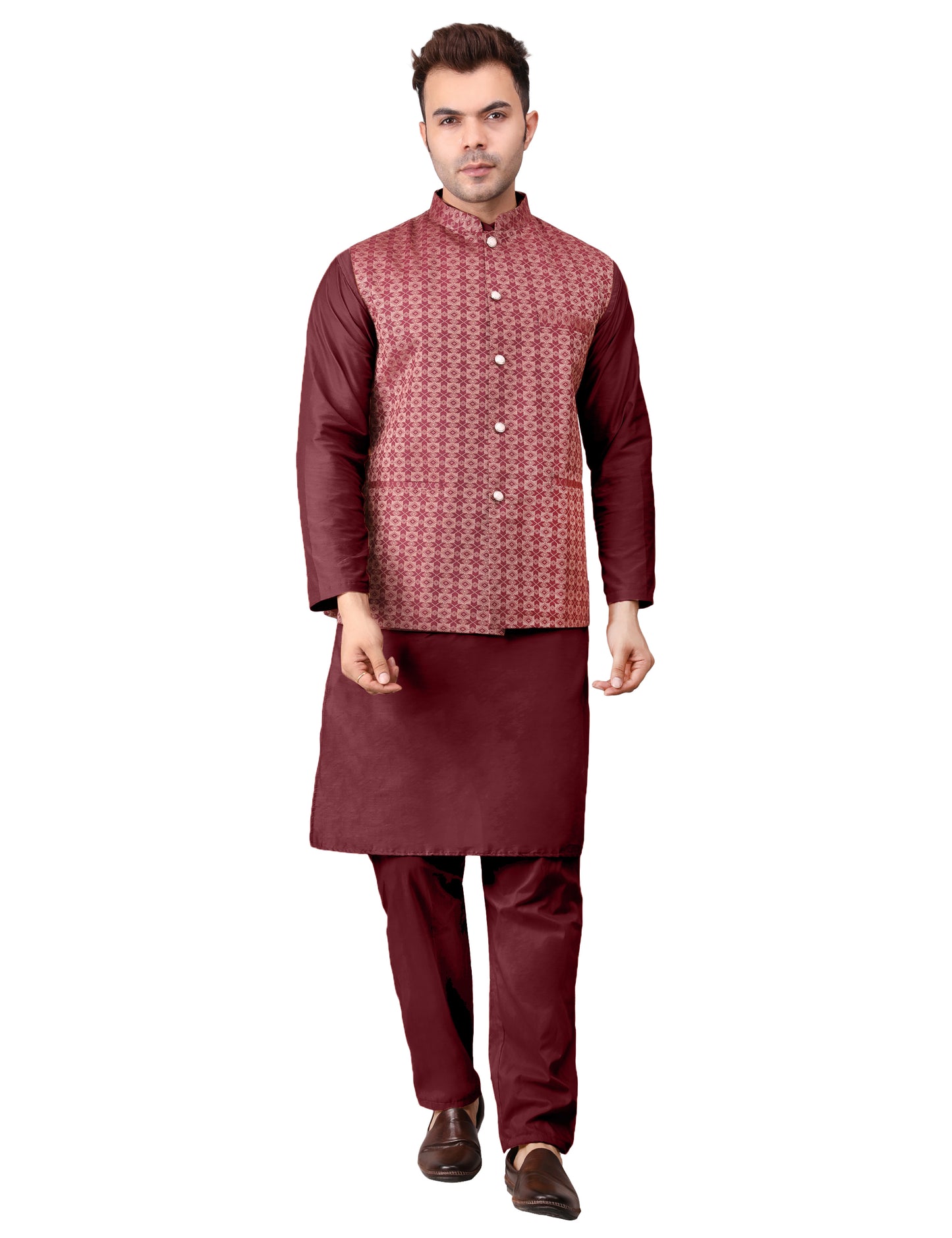 Men's Silk Blend Kurta Pajama with Designer Bundi Nehru Jacket/Waistcoat Maroon