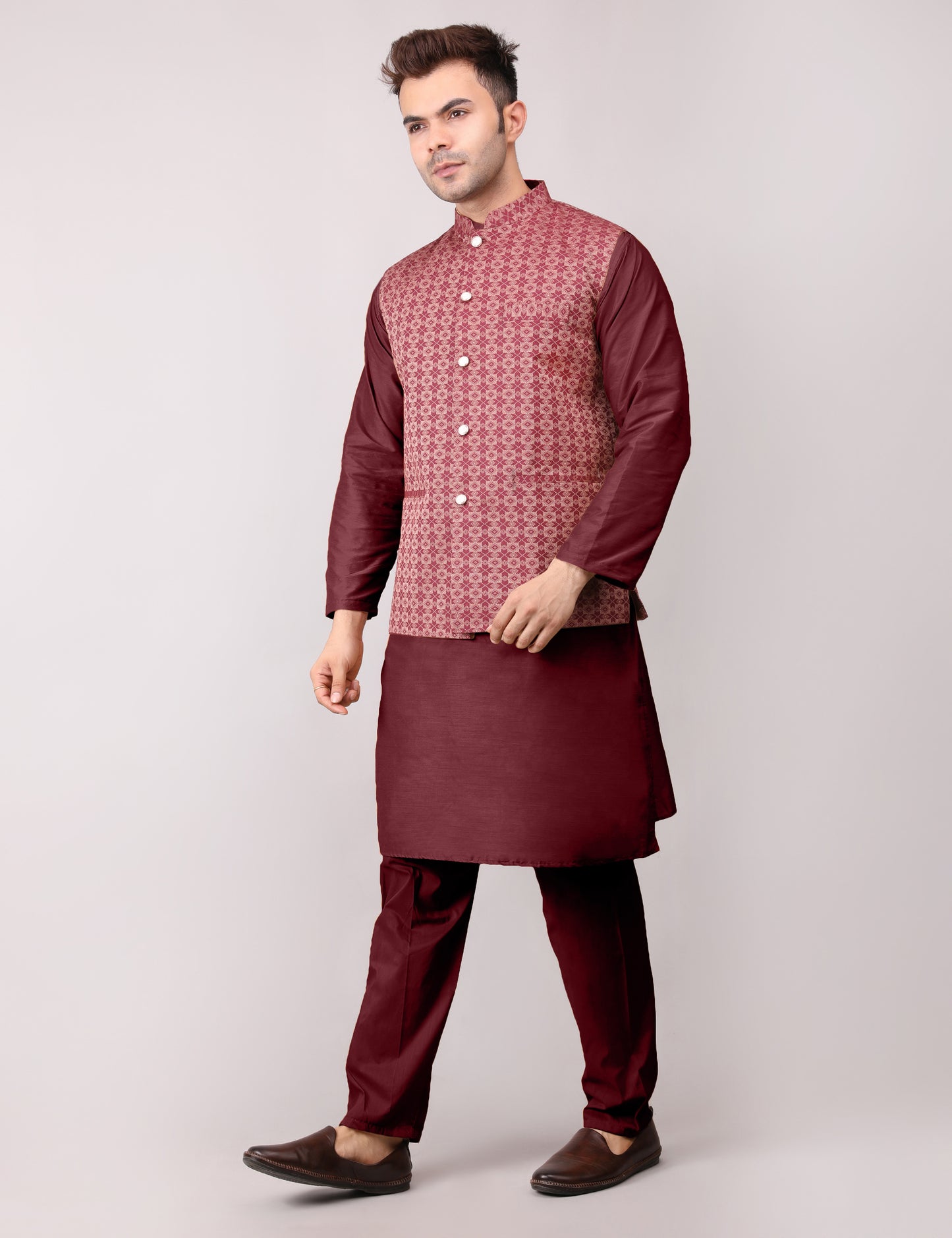 Men's Silk Blend Kurta Pajama with Designer Bundi Nehru Jacket/Waistcoat Maroon