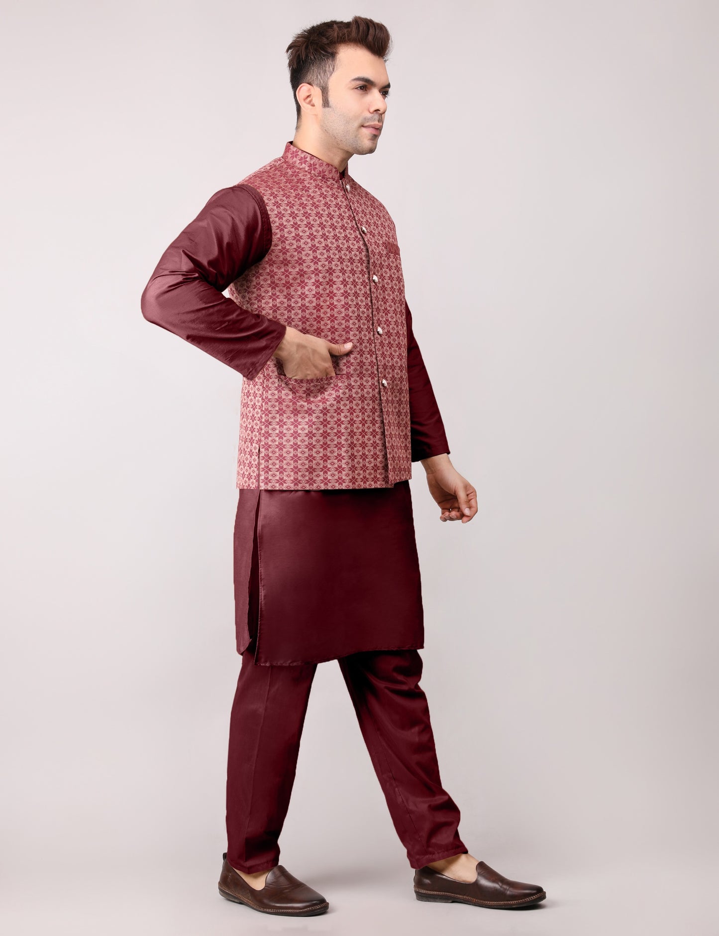 Men's Silk Blend Kurta Pajama with Designer Bundi Nehru Jacket/Waistcoat Maroon