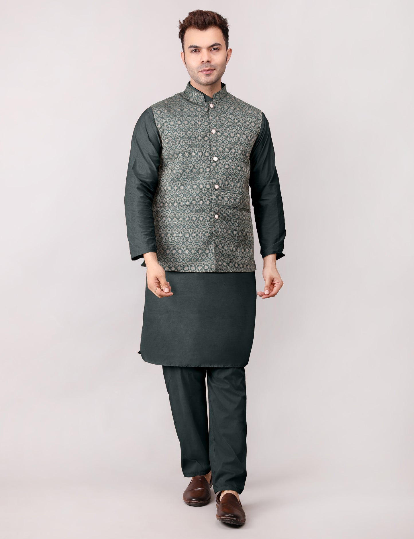 Men's Silk Blend Kurta Pajama with Designer Bundi Nehru Jacket/Waistcoat Dark Green
