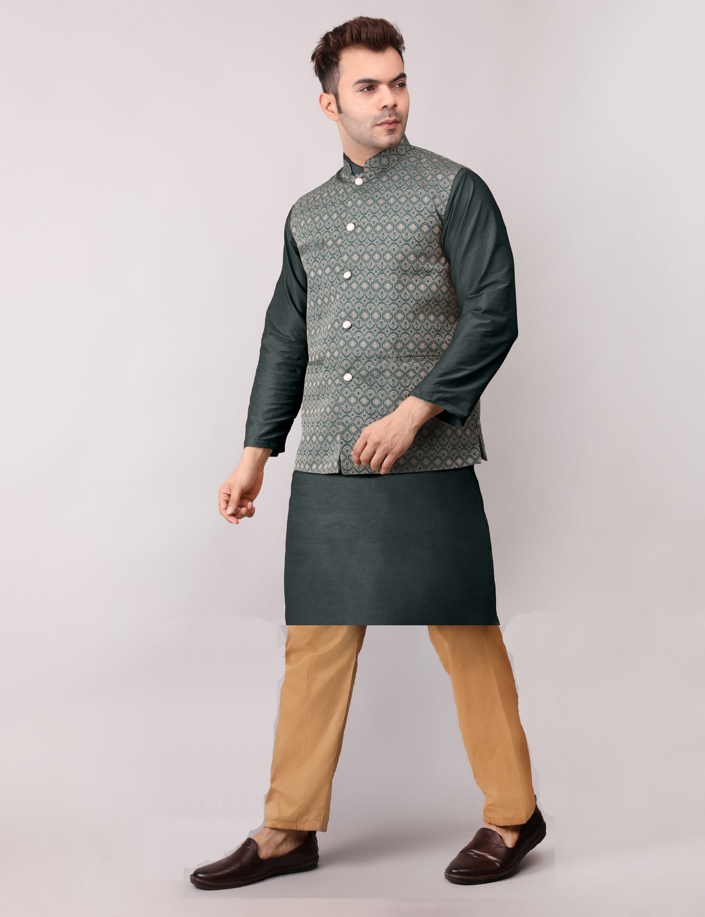 Men's Silk Blend Kurta Pajama with Designer Bundi Nehru Jacket/Waistcoat Dark Green