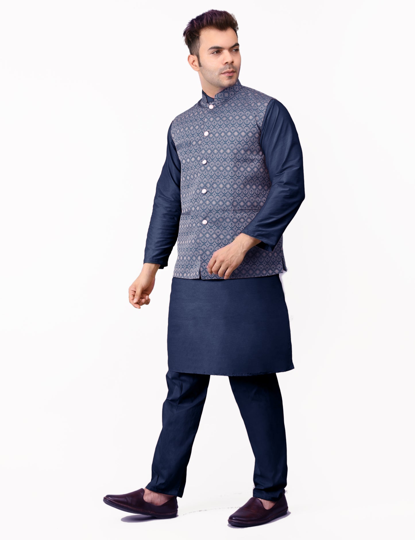 Men's Silk Blend Kurta Pajama with Designer Bundi Nehru Jacket/Waistcoat Dark Blue