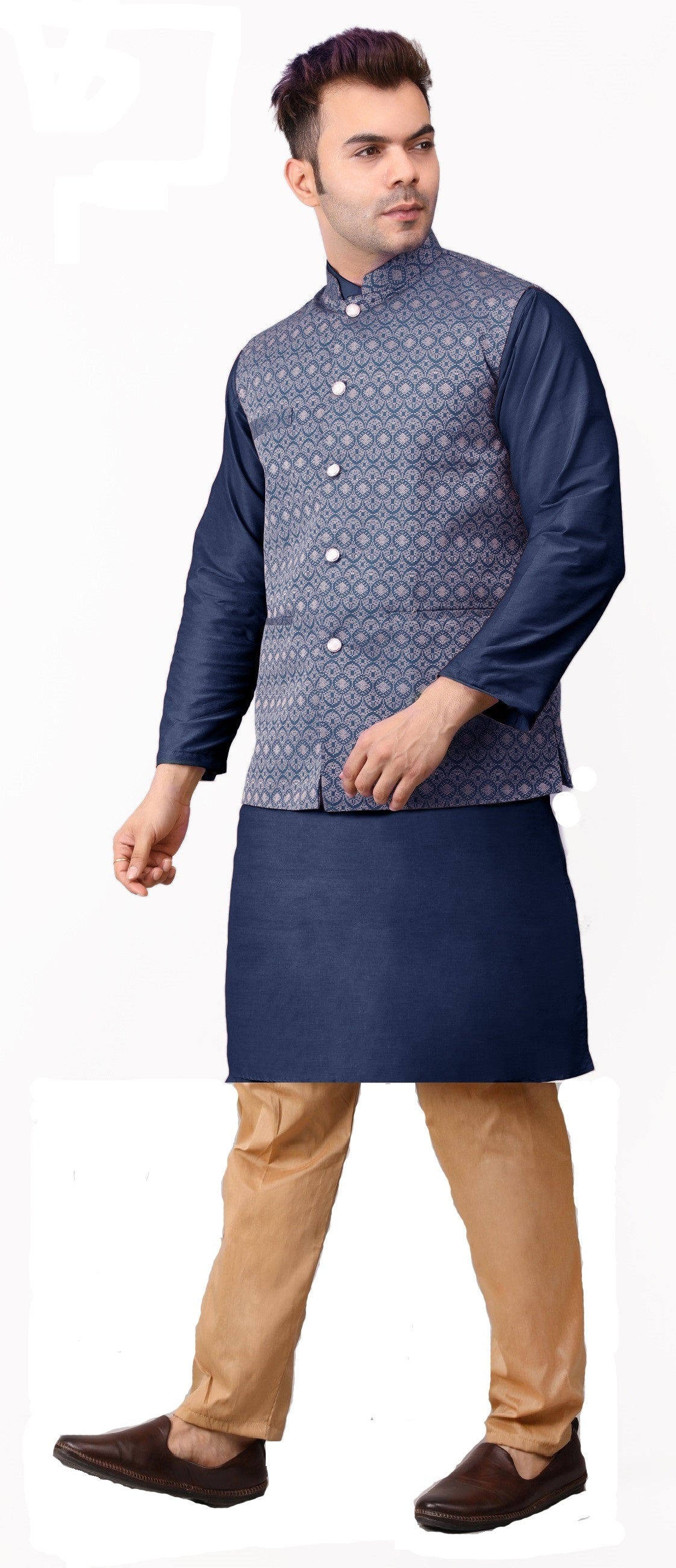 Men's Silk Blend Kurta Pajama with Designer Bundi Nehru Jacket/Waistcoat Dark Blue