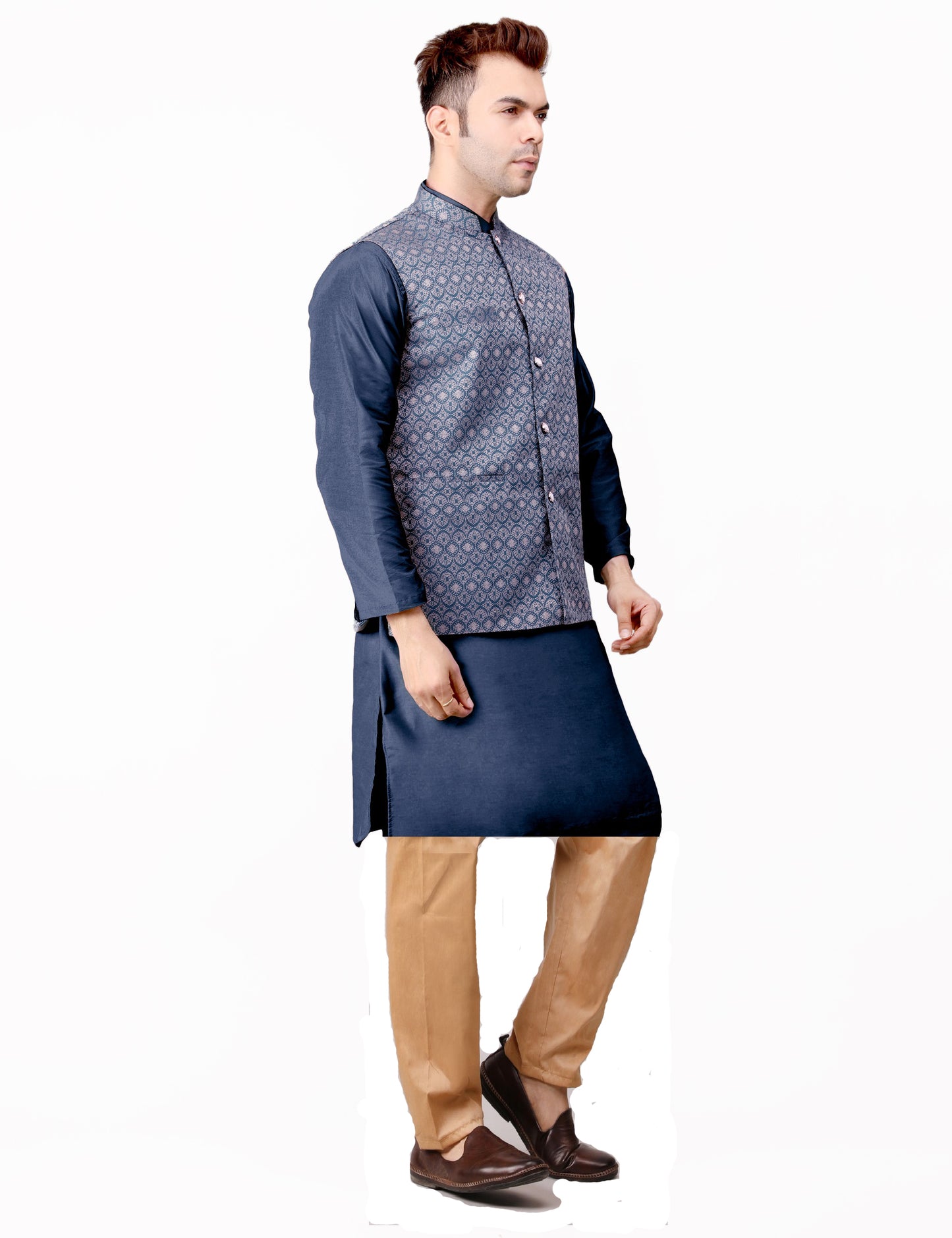 Men's Silk Blend Kurta Pajama with Designer Bundi Nehru Jacket/Waistcoat Dark Blue