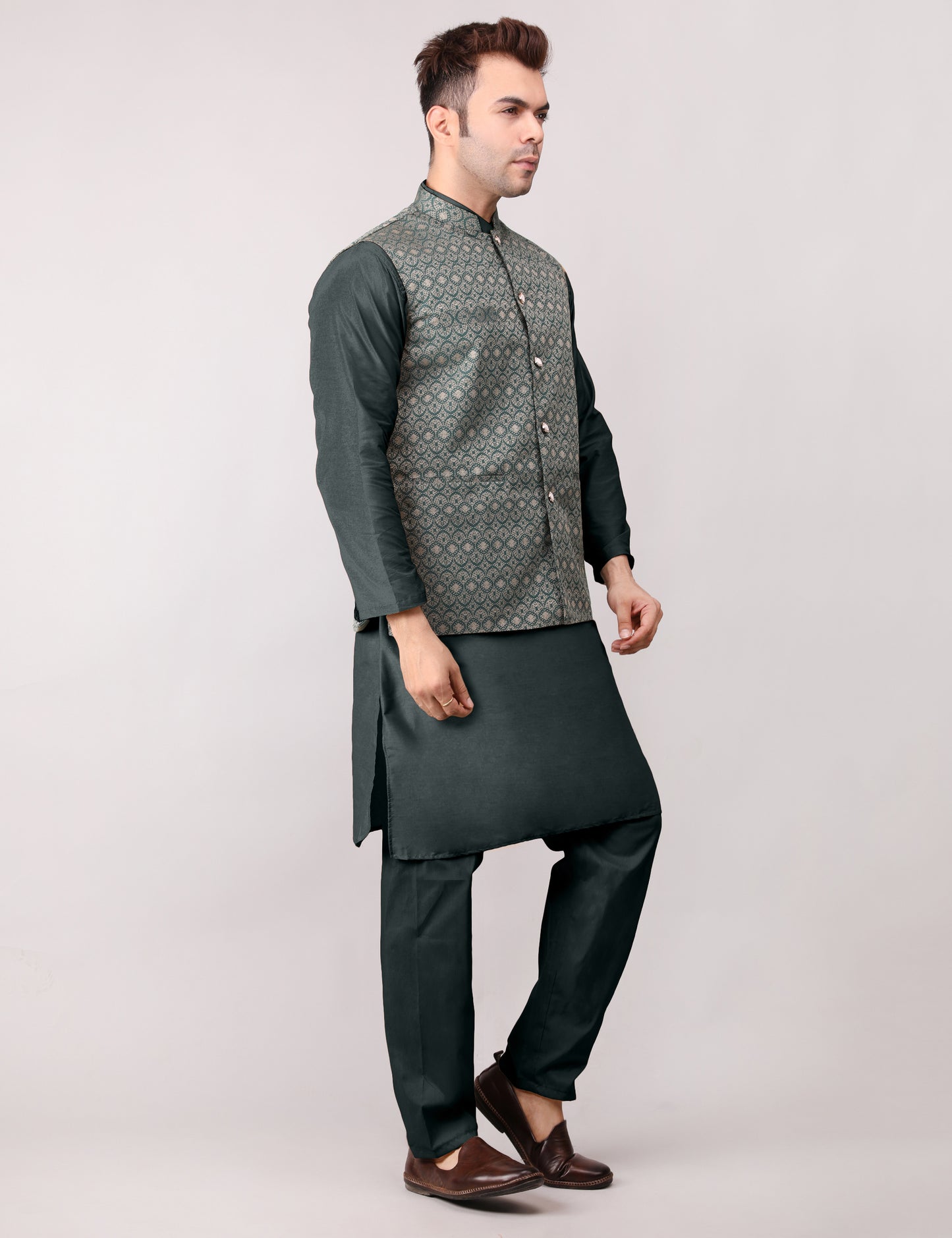 Men's Silk Blend Kurta Pajama with Designer Bundi Nehru Jacket/Waistcoat Dark Green