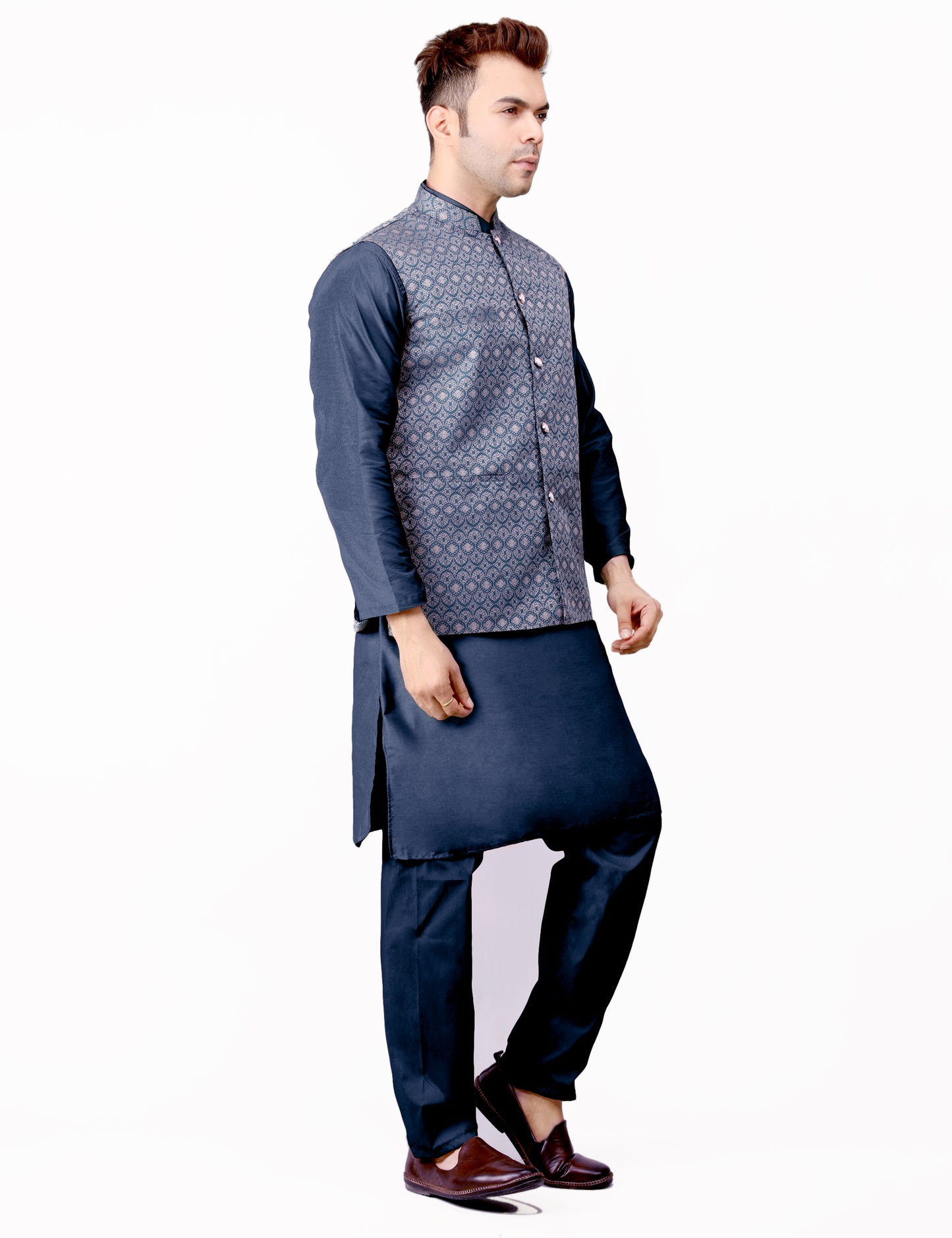 Men's Silk Blend Kurta Pajama with Designer Bundi Nehru Jacket/Waistcoat Dark Blue