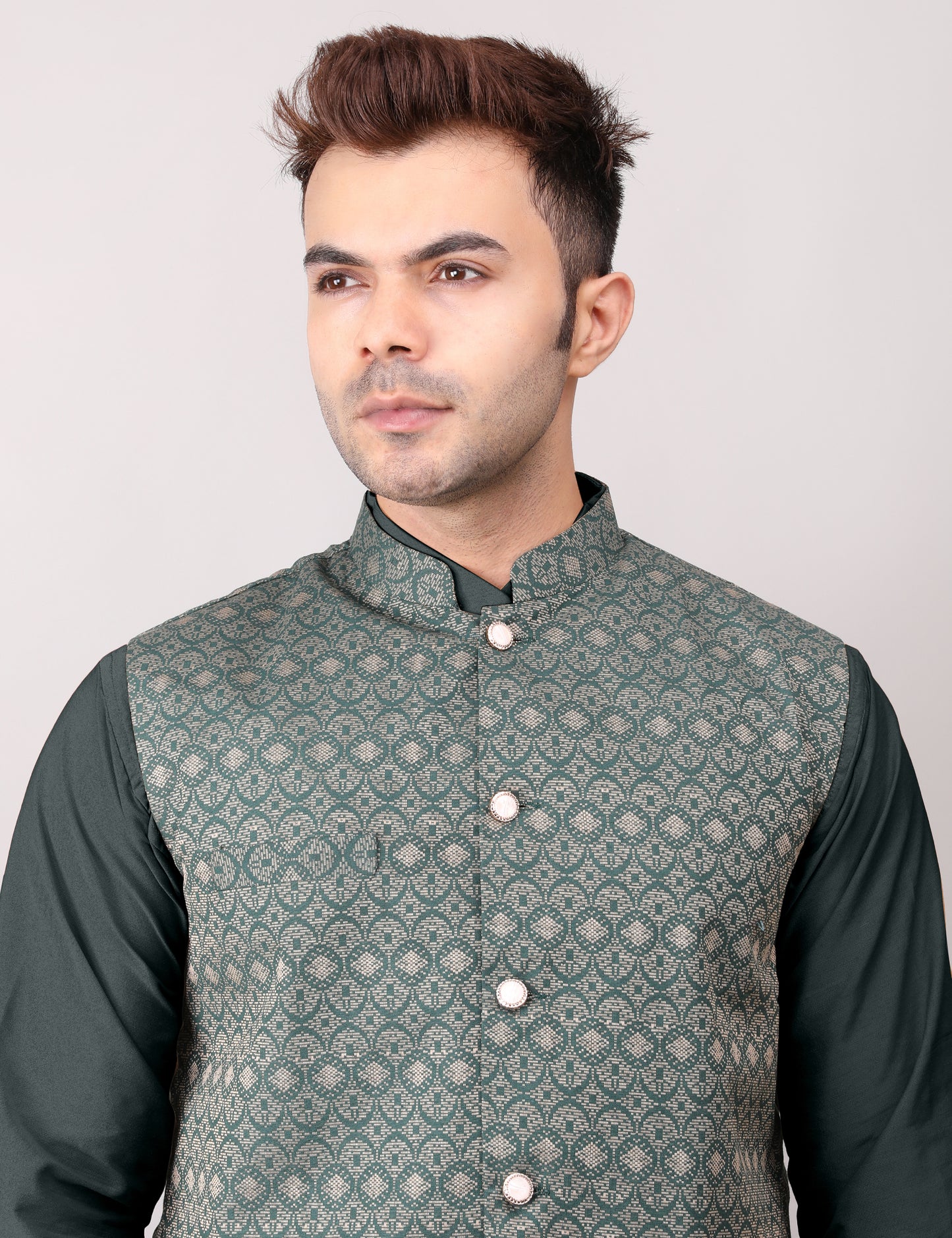 Men's Silk Blend Kurta Pajama with Designer Bundi Nehru Jacket/Waistcoat Dark Green