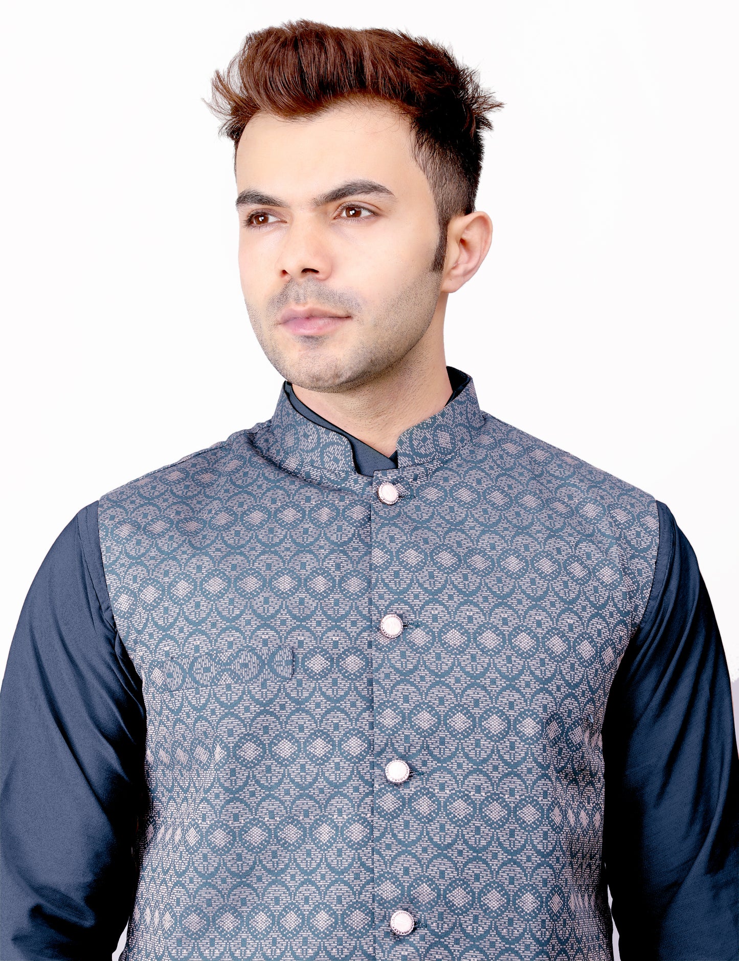 Men's Silk Blend Kurta Pajama with Designer Bundi Nehru Jacket/Waistcoat Dark Blue