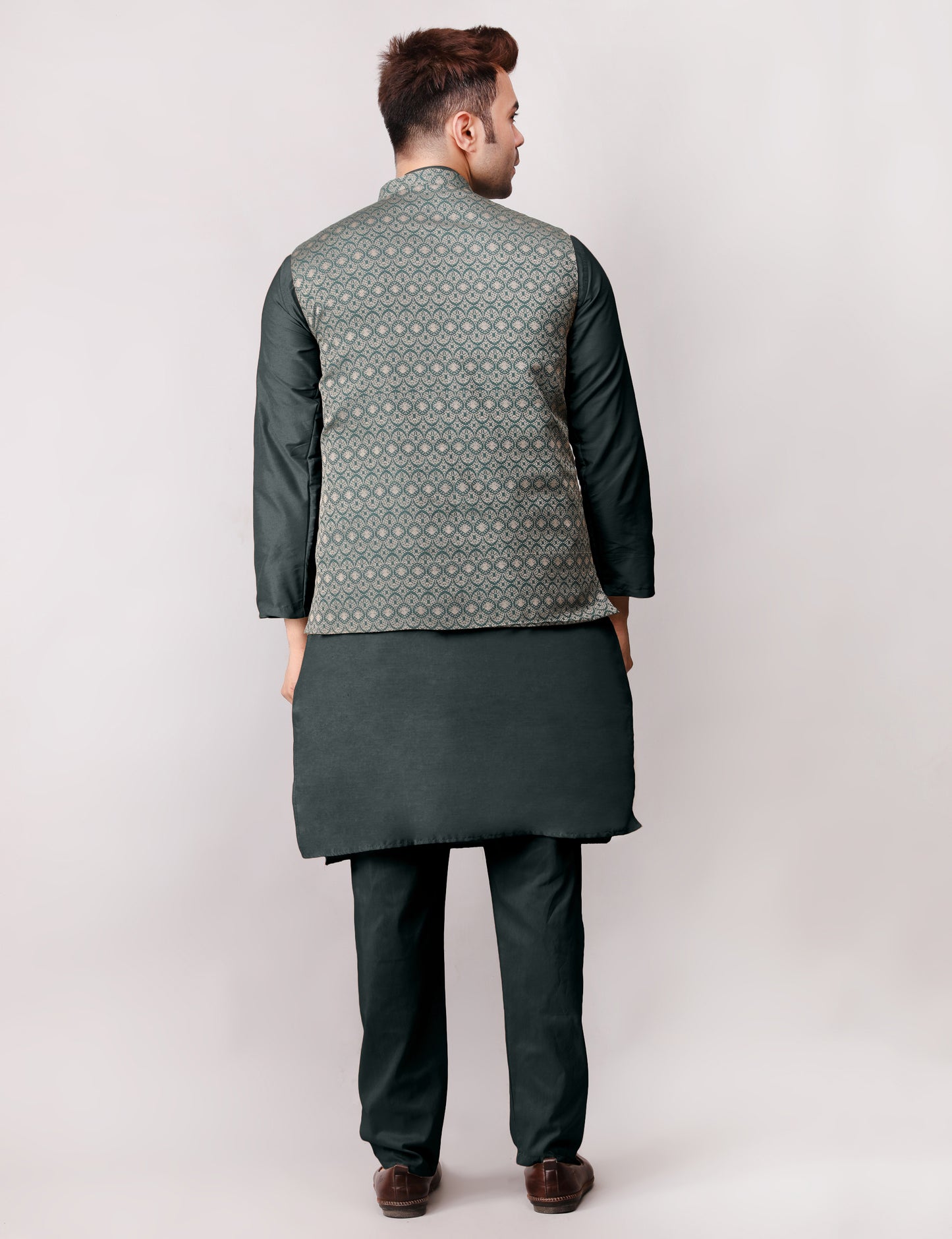 Men's Silk Blend Kurta Pajama with Designer Bundi Nehru Jacket/Waistcoat Dark Green