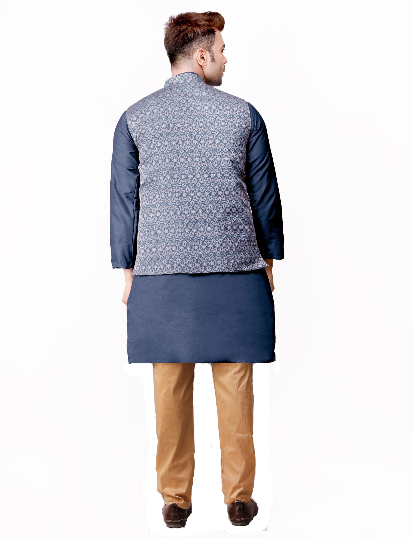 Men's Silk Blend Kurta Pajama with Designer Bundi Nehru Jacket/Waistcoat Dark Blue