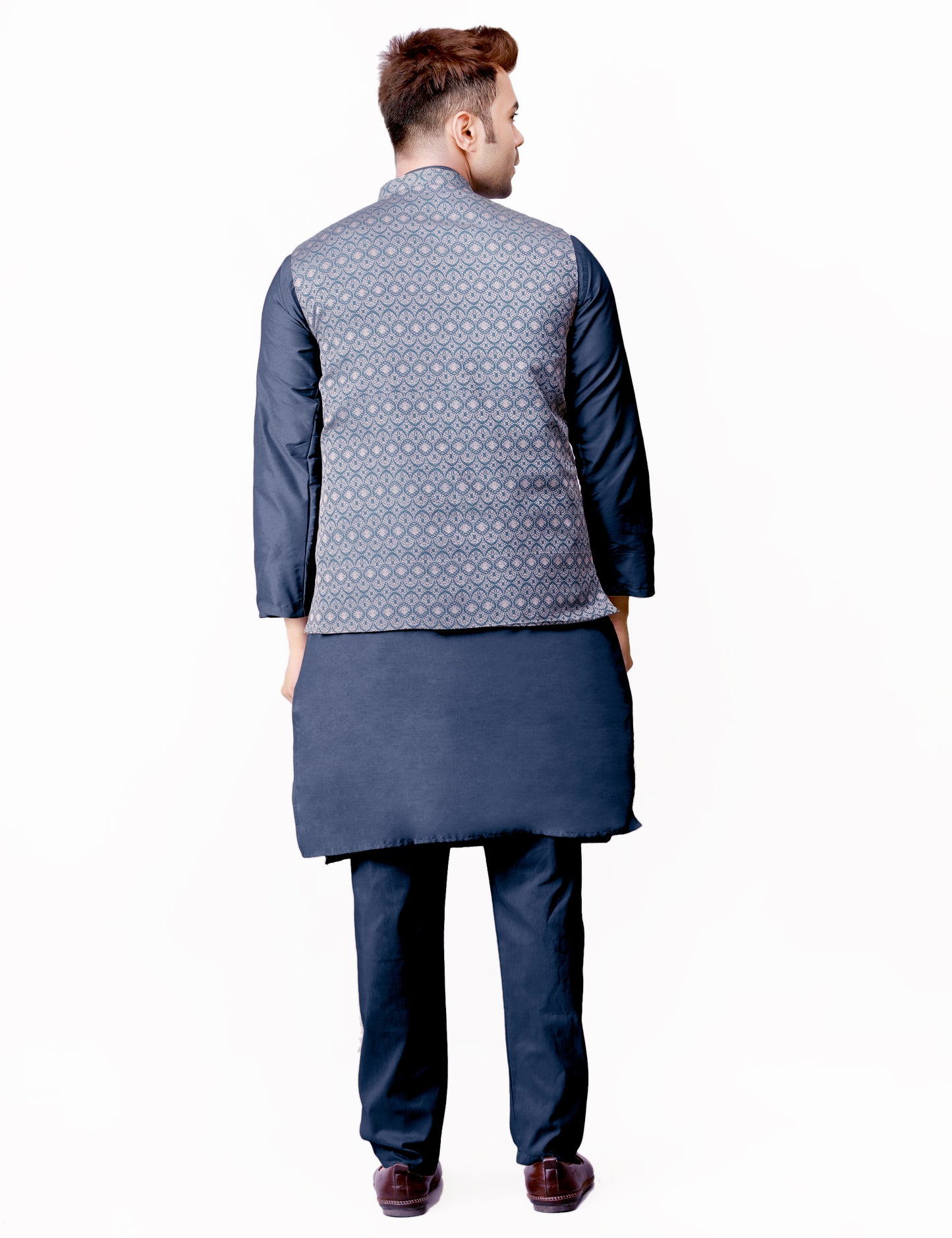 Men's Silk Blend Kurta Pajama with Designer Bundi Nehru Jacket/Waistcoat Dark Blue