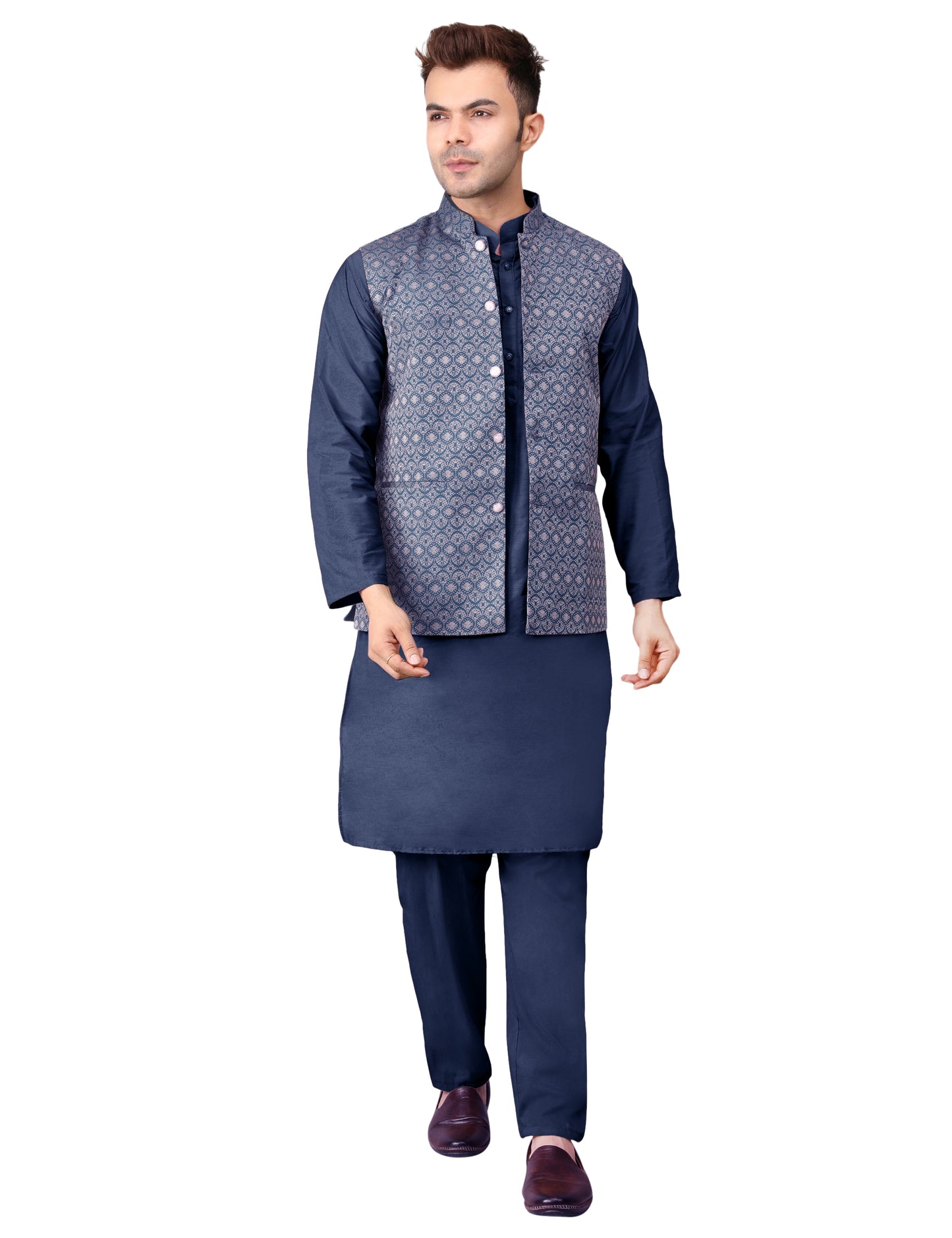 Men's Silk Blend Kurta Pajama with Designer Bundi Nehru Jacket/Waistcoat Dark Blue