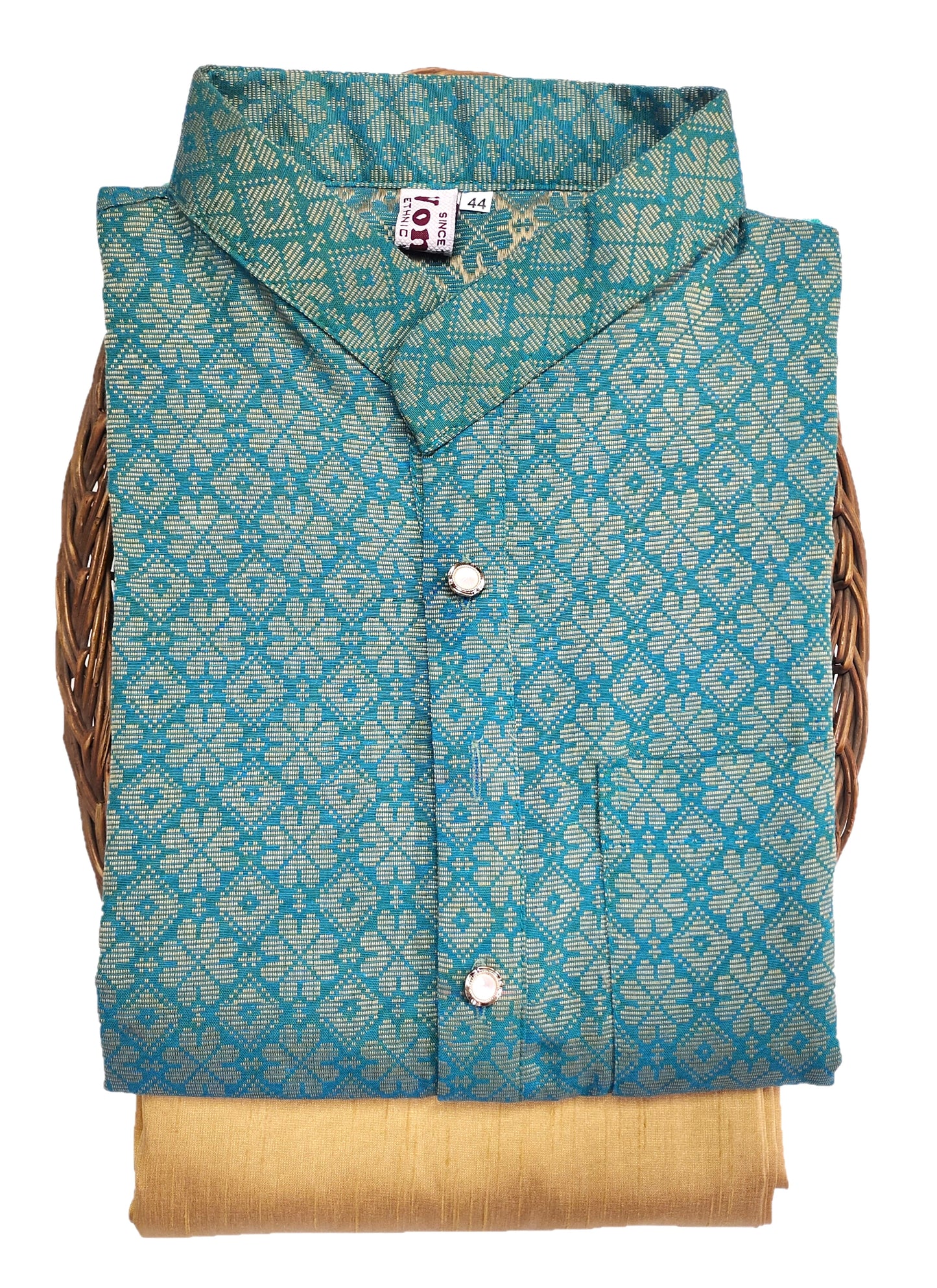 Men Light Blue Regular Full Sleeve Silk Cotton Kurta with Golden Pajama Set