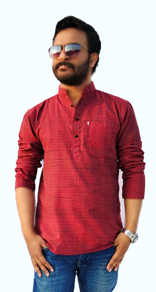 Men's Maroon Cotton Khadi Shot Kurta