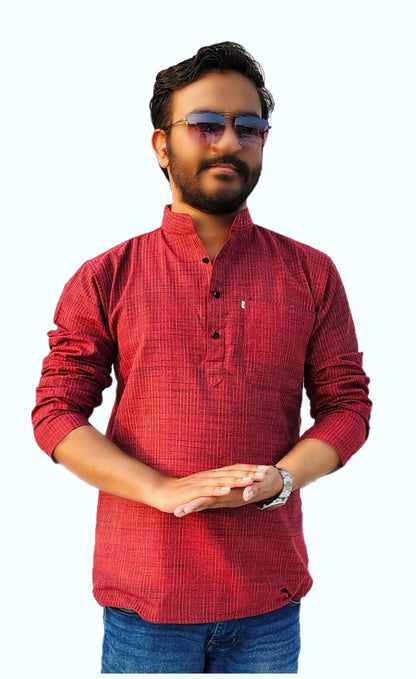 Men's Maroon Cotton Khadi Shot Kurta