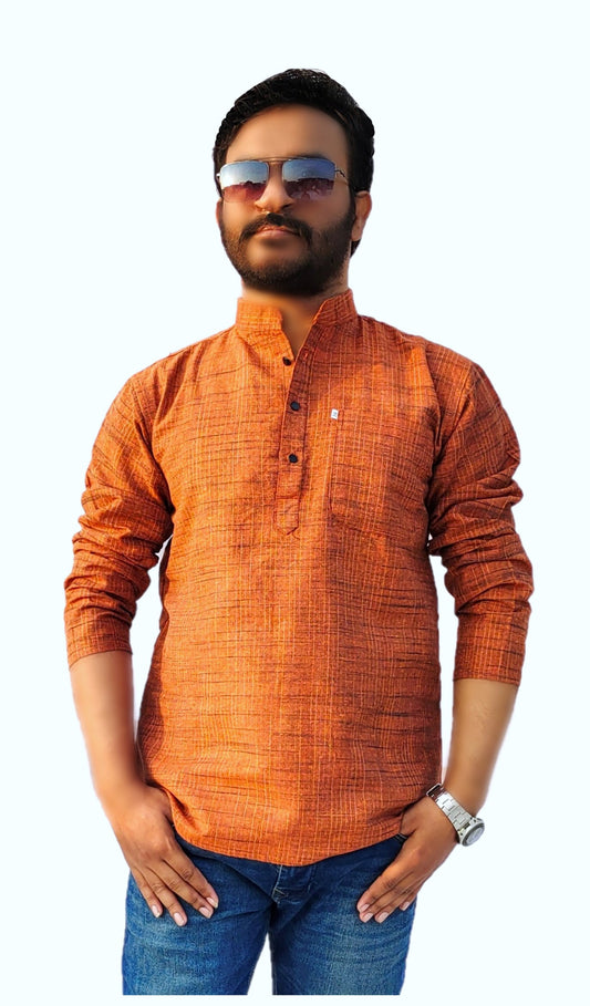 Men's Orange Cotton Khadi Shot Kurta