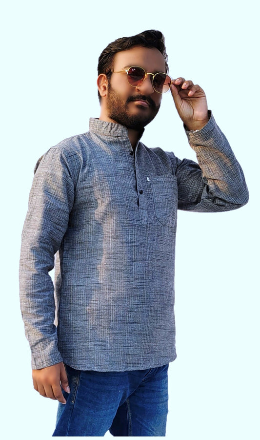 Men's Grey Cotton Khadi Shot Kurta