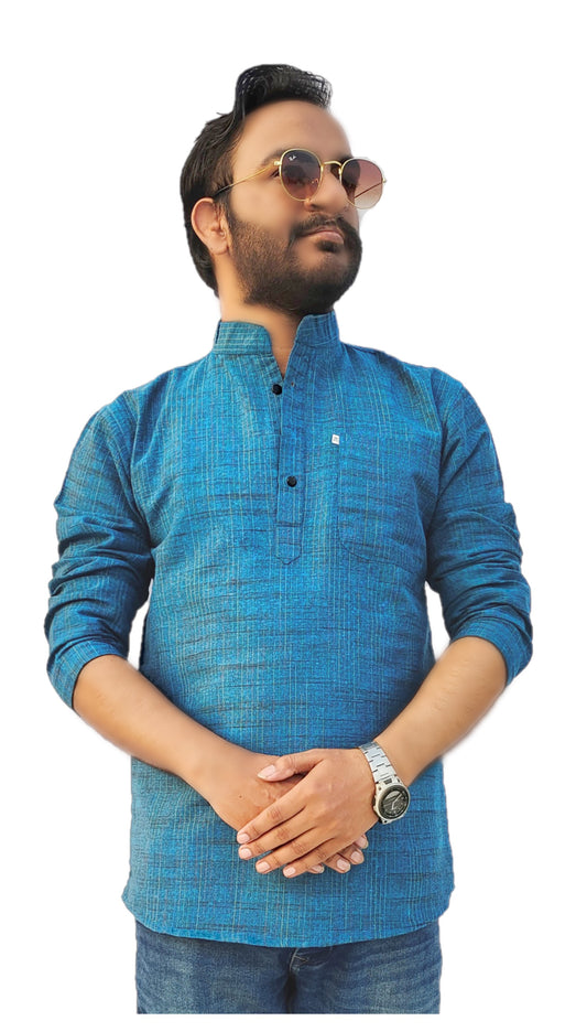 Men's Blue Cotton Khadi Shot Kurta