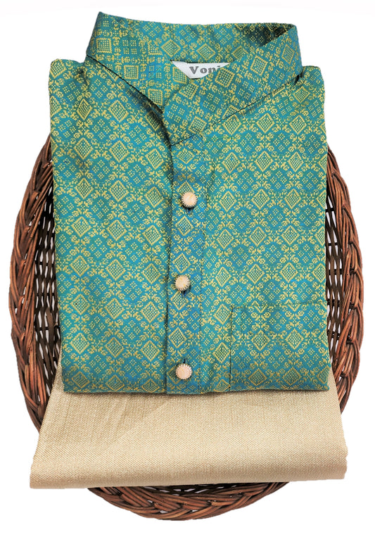 Men Sea Green Regular Full Sleeve Silk Cotton Kurta with Golden Pajama Set